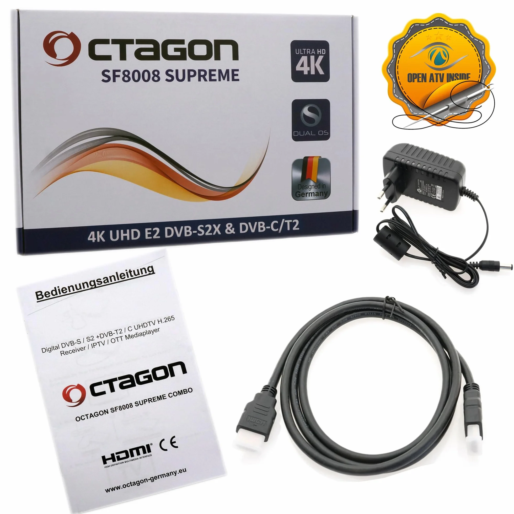 OCTAGON Récepteur combiné SF8008 4K UHD HDR 1 x DVB-S2X et 1 x DVB-C/DVB-T2 - Satellite, câble/Signal terrestre, E2 Linux Smart TV, Serveur multimédia, Fonction d'enregistrement, EasyMouse HDMI, Dual