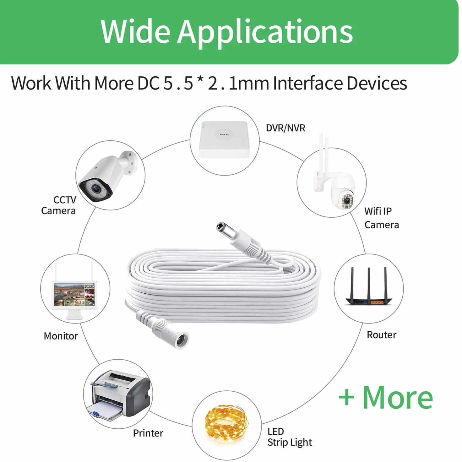 Câble d'extension de 3 m, prise 5,5 mm x 2,1 mm, DC 5 V 6 V 9 V 12 V 24 V pour caméra de vidéosurveillance, illuminateur infrarouge, imprimante, bande LED, blanc