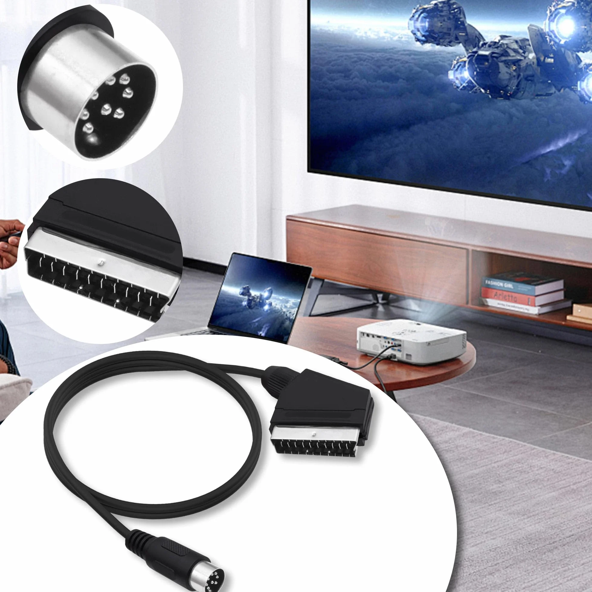 Câble conducteur DIN vers péritel 8 broches - Pour console de jeu - 21 broches - Fiche péritel RVB vers DIN 8 broches - Câble AV - Adaptateur audio vidéo - Pour console de jeu, TV, PC