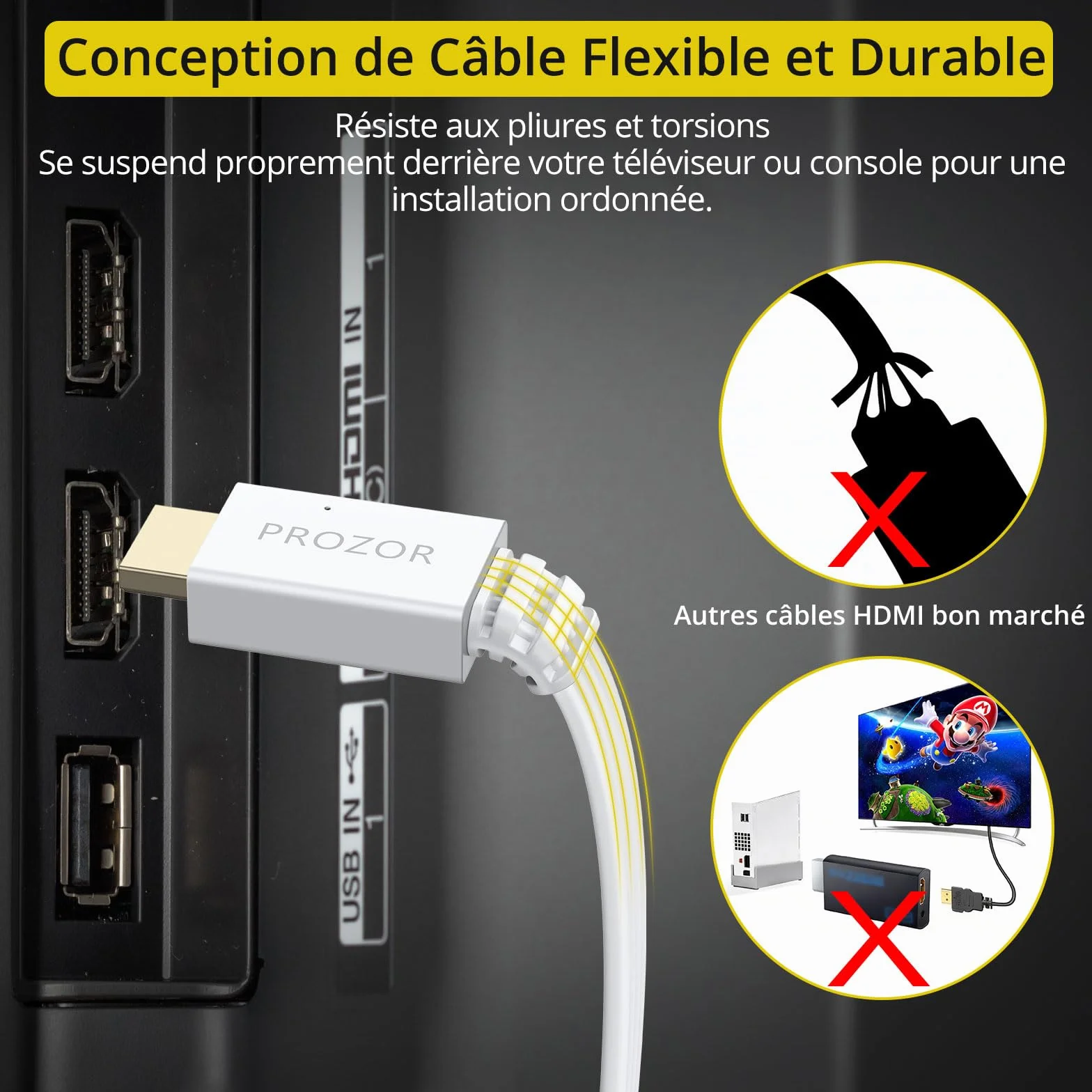 PROZOR Adaptateur Wii vers HDMI 1080P Câble HDMI Intégré 1.2m Conversion Vidéo et Audio pour Console Wii et Wii U Plug-and-Play