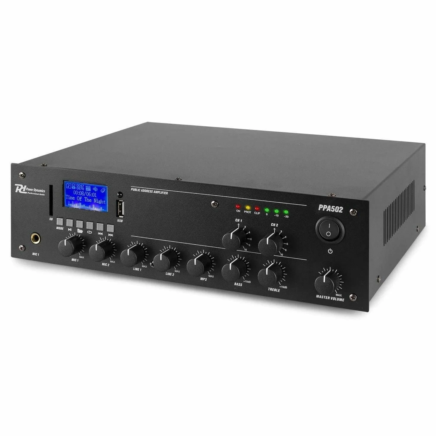 Power Dynamics PPA502 Amplificateur 2 Zones Bluetooth 100V 50W Lecteur MP3 USB Télécommande Entrée Ligne Prise 6,3mm