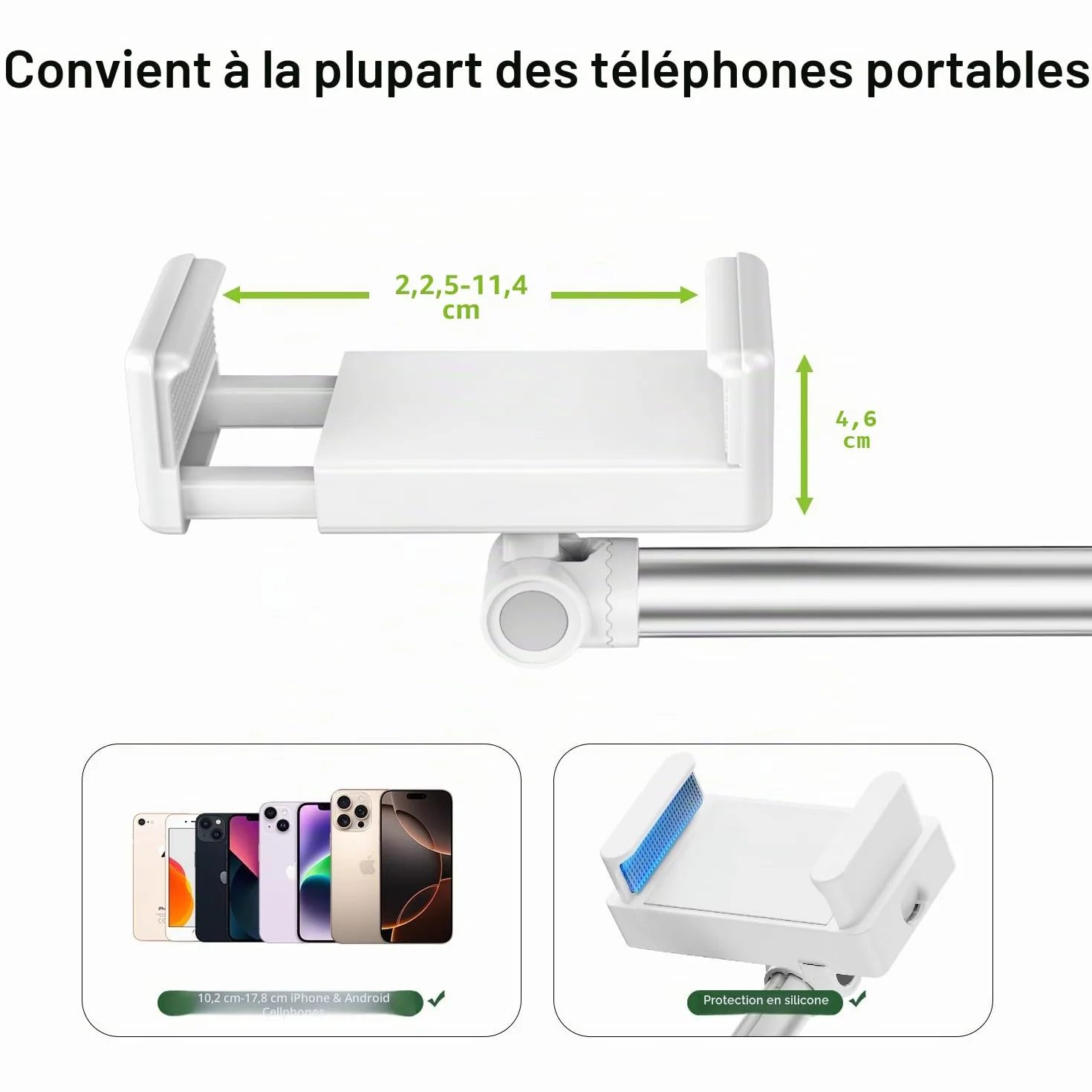 Support de téléphone au sol, bras de chevet réglable, support de téléphone pour enregistrer des prises de vue aériennes, support de téléphone en aluminium rotatif à 360°, compatible avec iPhone