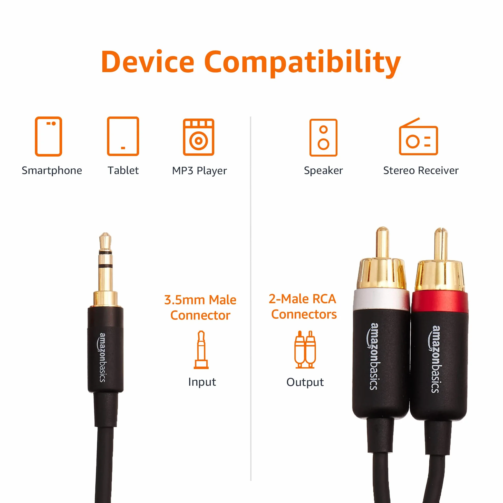 Amazon Basics Câble adaptateur audio auxiliaire 3,5 vers 2 RCA 2,4 m Noir prises plaquées or
