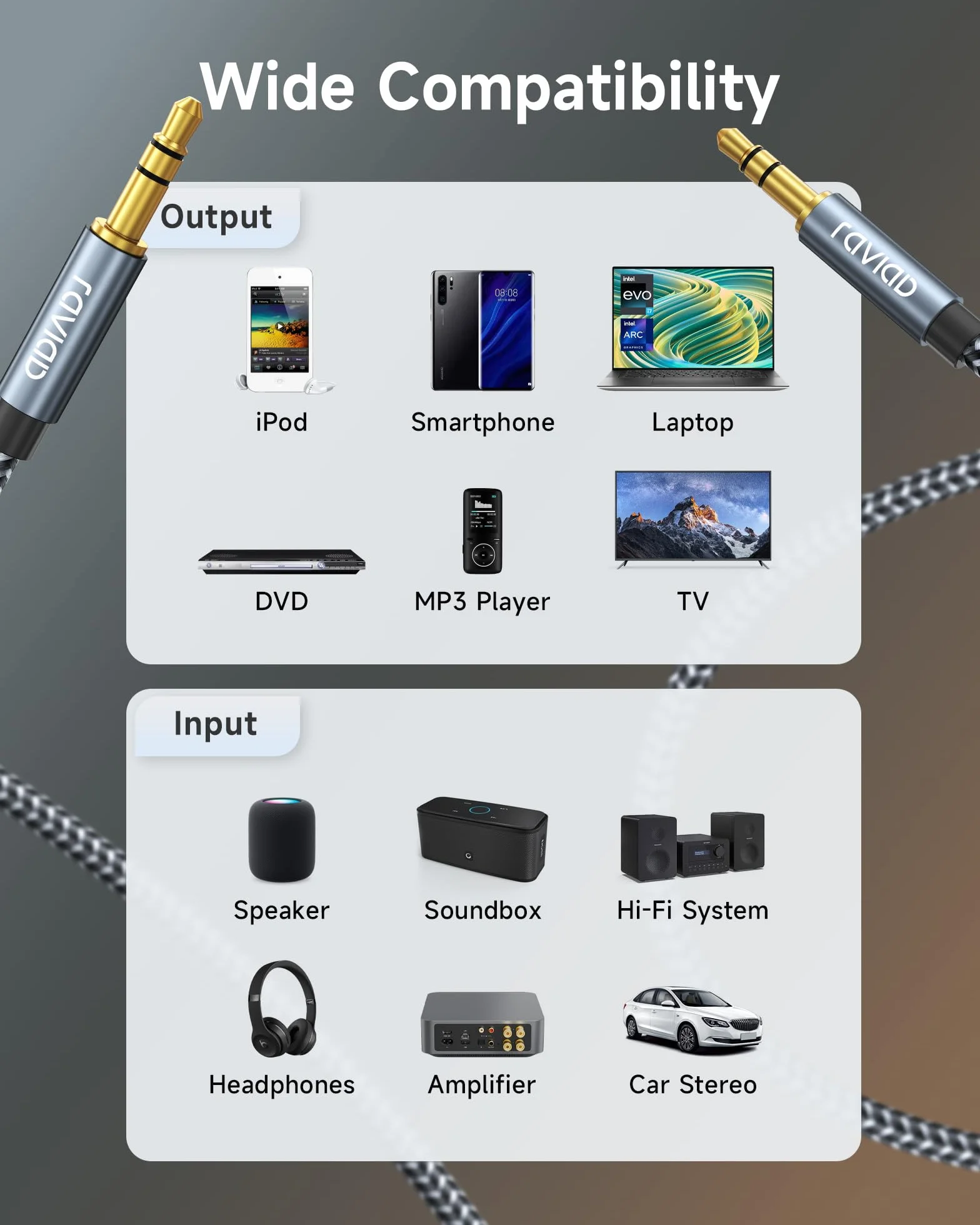 RAVIAD Câble Jack Audio 3.5mm Mâle vers Mâle [10M] Stéréo Nylon Tressé Câble Auxiliaire Voiture 3.5mm Male Male pour Casque, Haut-Parleur, Autoradio, TV, iPhone, Smartphones, PC, MP3