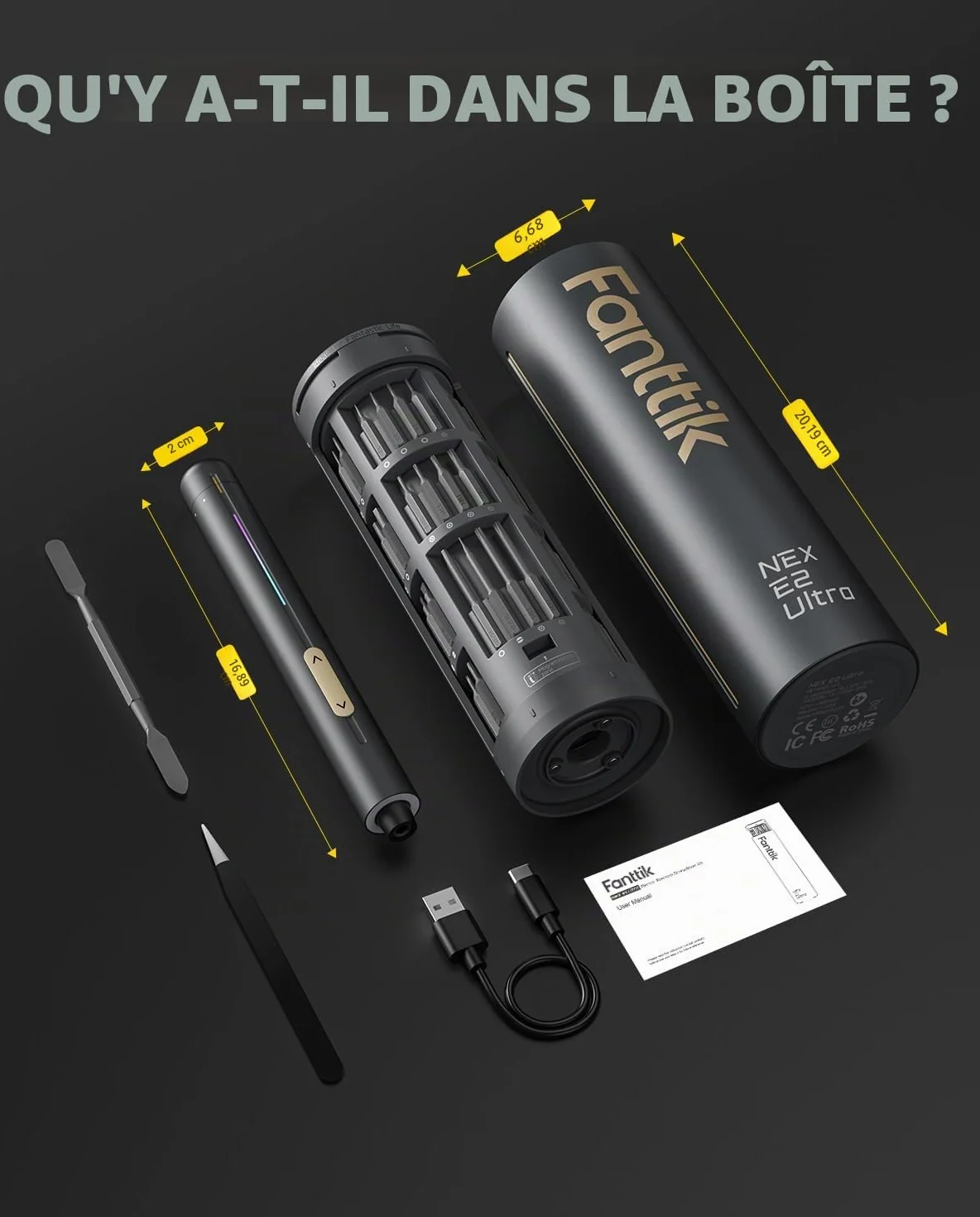 Fanttik E2 Ultra Mini tournevis électrique, couple maximal de 0,6 N.m, tournevis electrique sans fil avec 50 embouts magnétiques,convient pour téléphone portable/caméra/ordinateur portable/montre