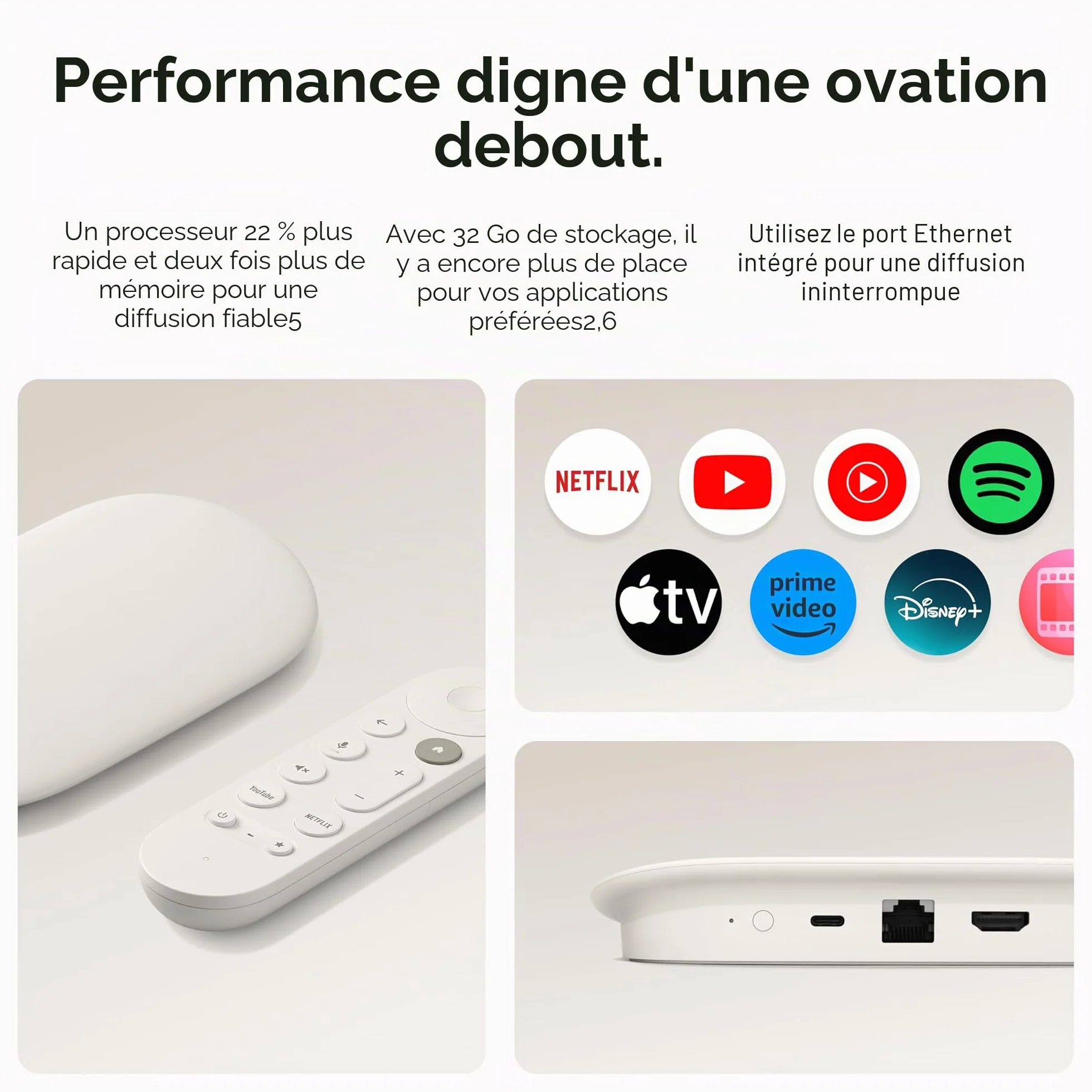 Google Streamer TV 4K - Diffusion Rapide de Divertissement sur Votre téléviseur avec télécommande de Recherche vocale - Regardez des Films, des émissions, des émissions en Direct et Netflix en 4K HDR