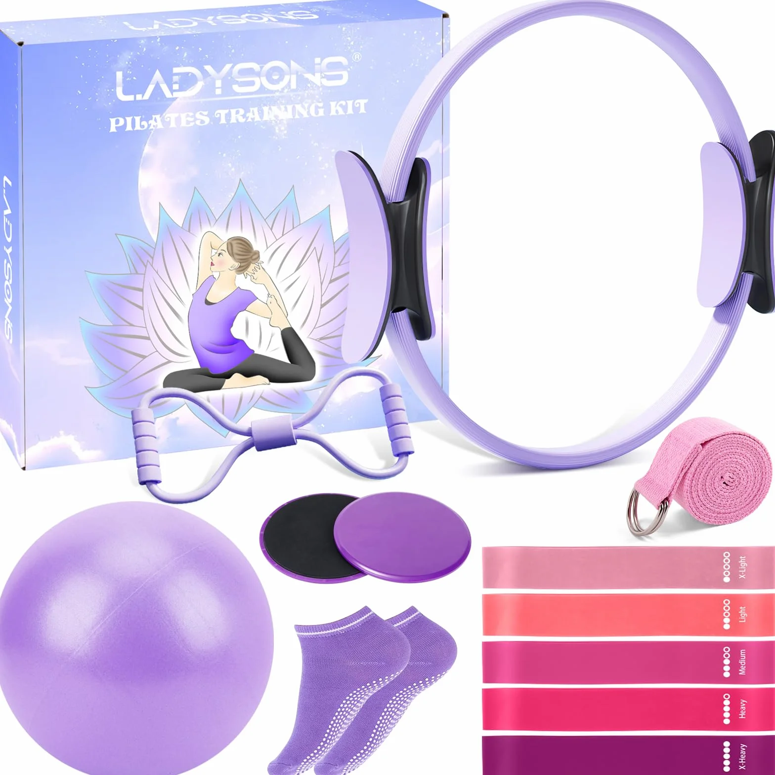 Ensemble d'anneaux de Pilates Kit essentiel avec cercle magique 32 cm, balle, bandes, disques glissants et poster d'entraînement