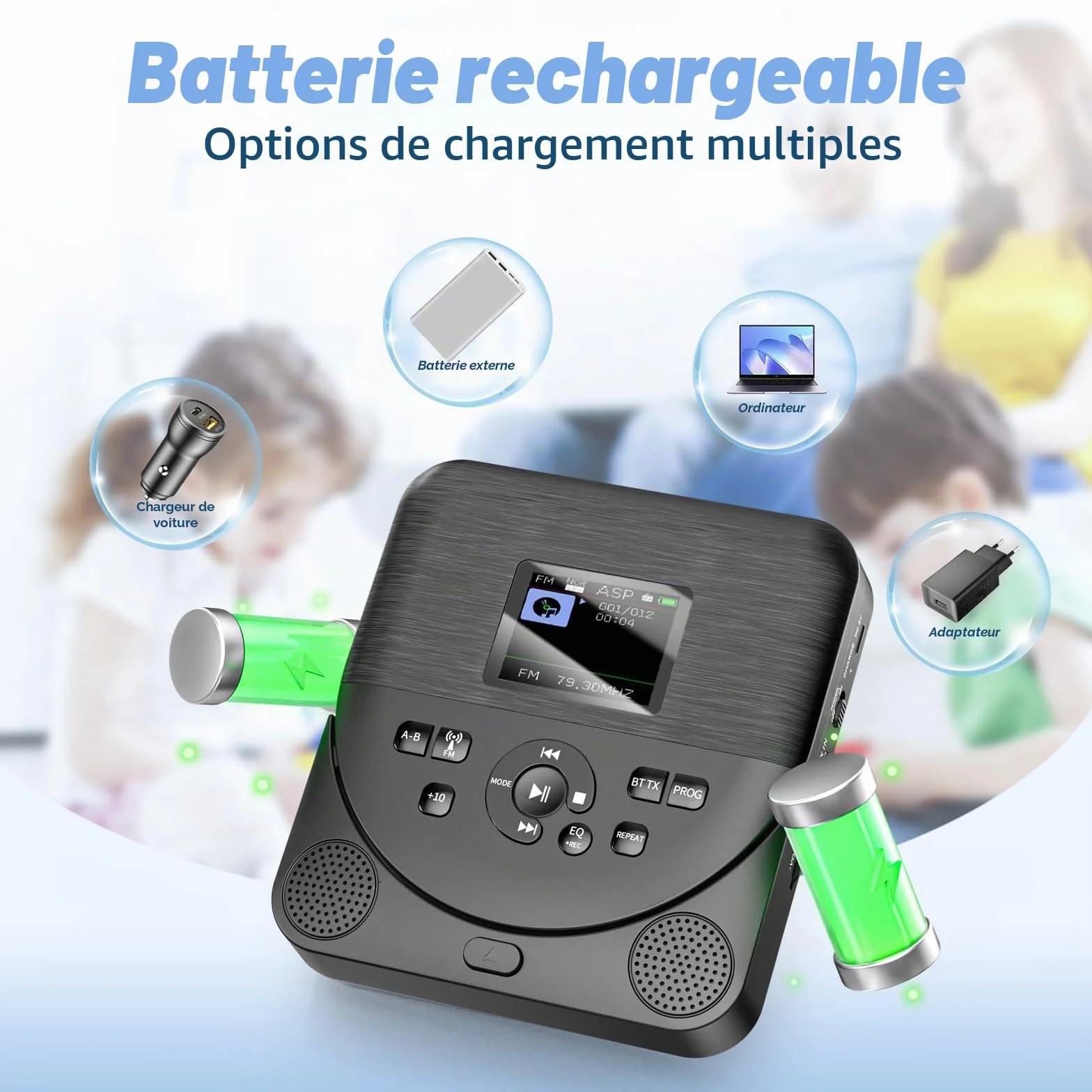 Lecteur CD Portable Bluetooth FELEMAN avec Haut-parleurs, Écran, Rechargeable, Émetteur FM, Noir