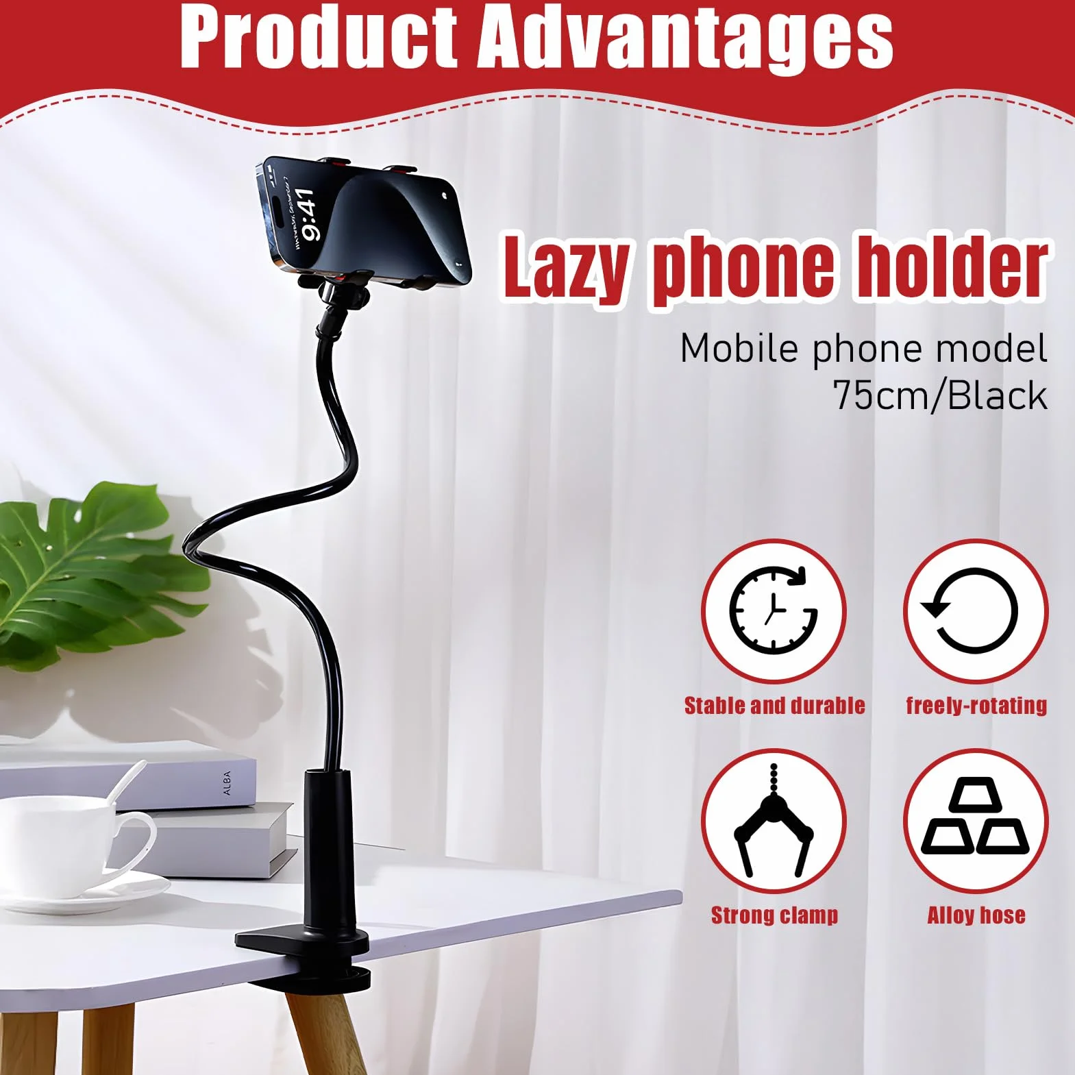 Support Téléphone Lit Pince Forte, Bras Flexible 75cm Antivibration, Support Smartphone Col de Cygne 360°, Support Mains Libres pour Regarder Vidéos, Compatible iPhone Samsung