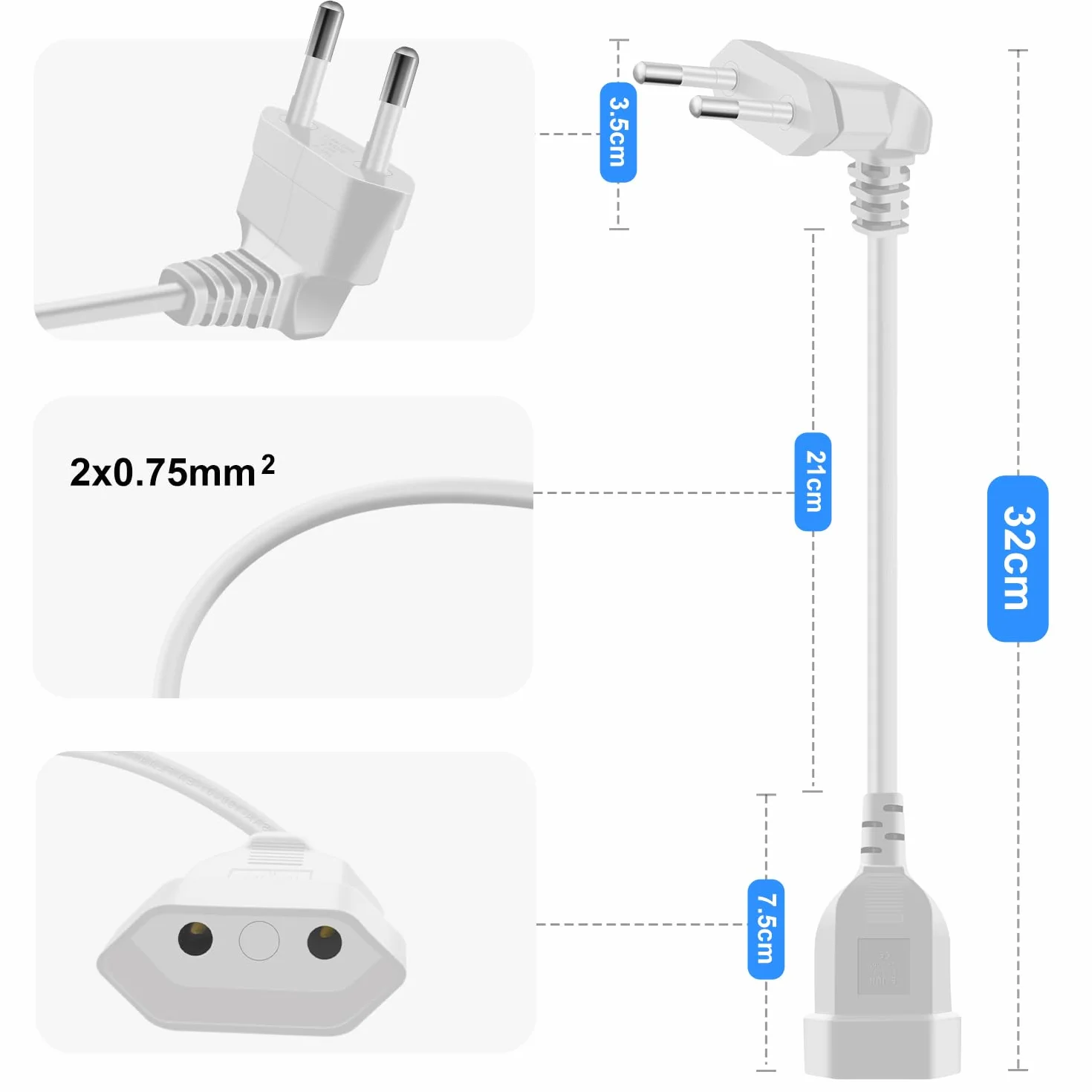 Rallonge d'alimentation Euro 2.5A 250V 625W Câble d'extension Blanc 0.3m