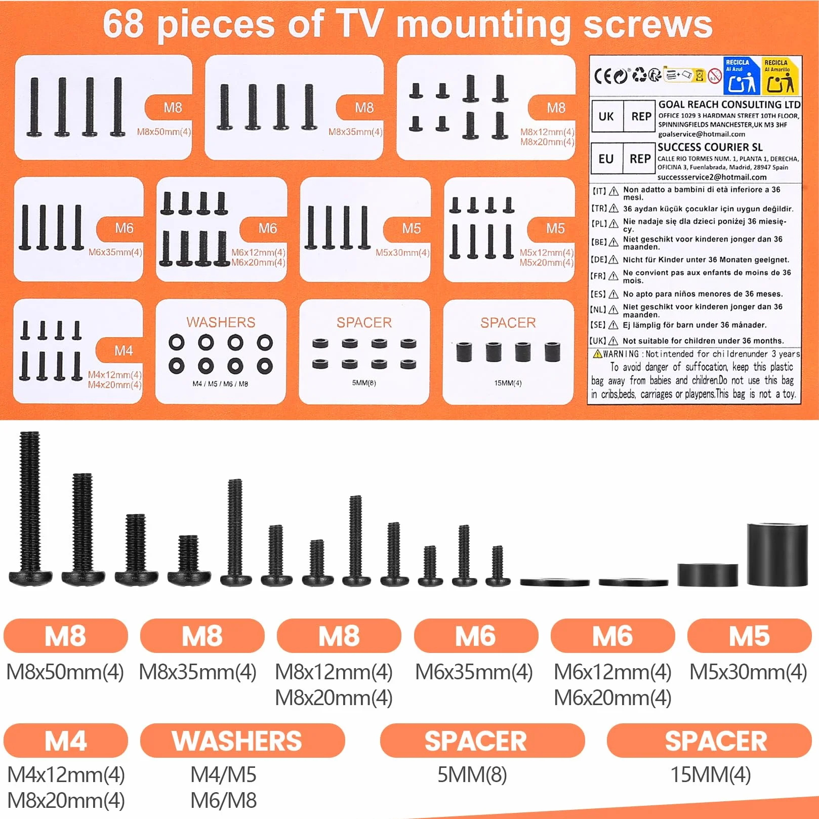 Ensemble de vis VESA BOJIUKEJI, M4 M5 M6 M8, 68 pièces, Noir, pour montage mural TV et support moniteur jusqu'à 80 pouces, avec entretoise