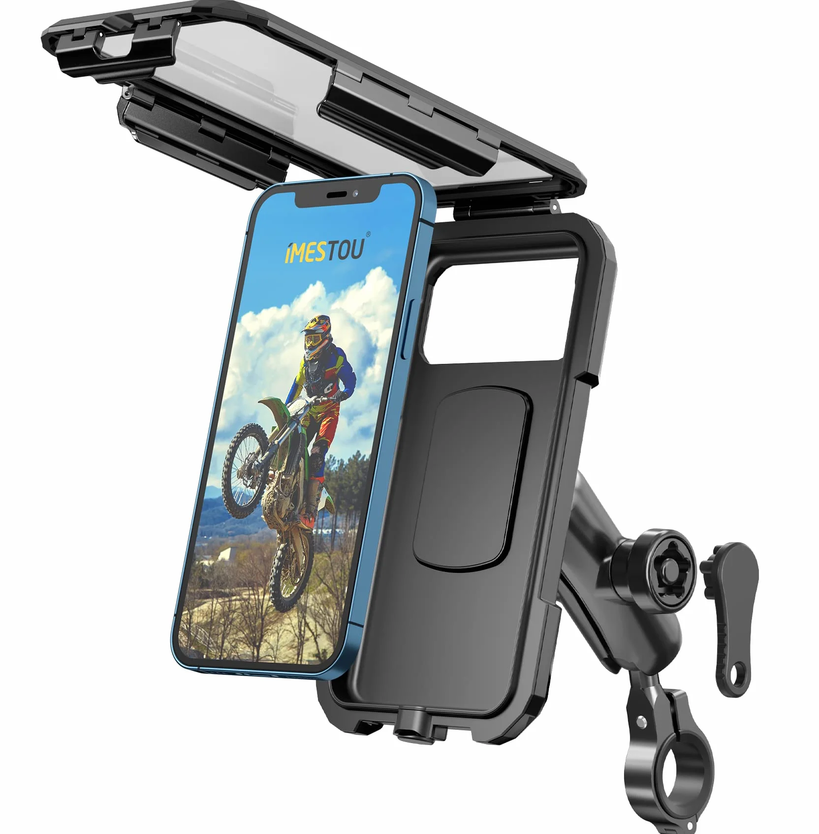 iMESTOU Titulaire de Téléphone de Moto Anti-vol Imperméable - Montage de Téléphone à Vélos avec 1 Pouce de Rotation à Billes de Guidon en Aluminium 720 ° pour 5,5 "-6,8" Cell Phone (L)
