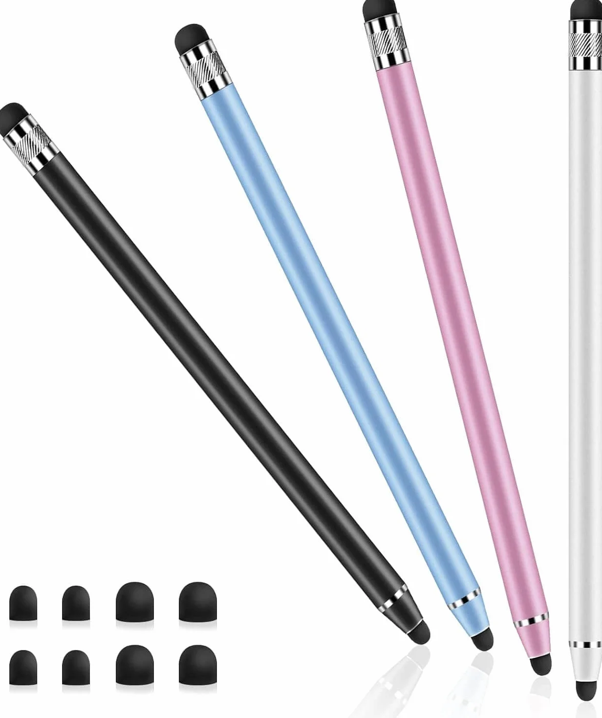 Stylet Tablette Universel 2 en 1 pour Écran Tactile, 4 Pièces avec 8 Embouts de Rechange pour Smartphones, Tablettes, Samsung Galaxy, iPad (Argent+Noir+Rose+Bleu)