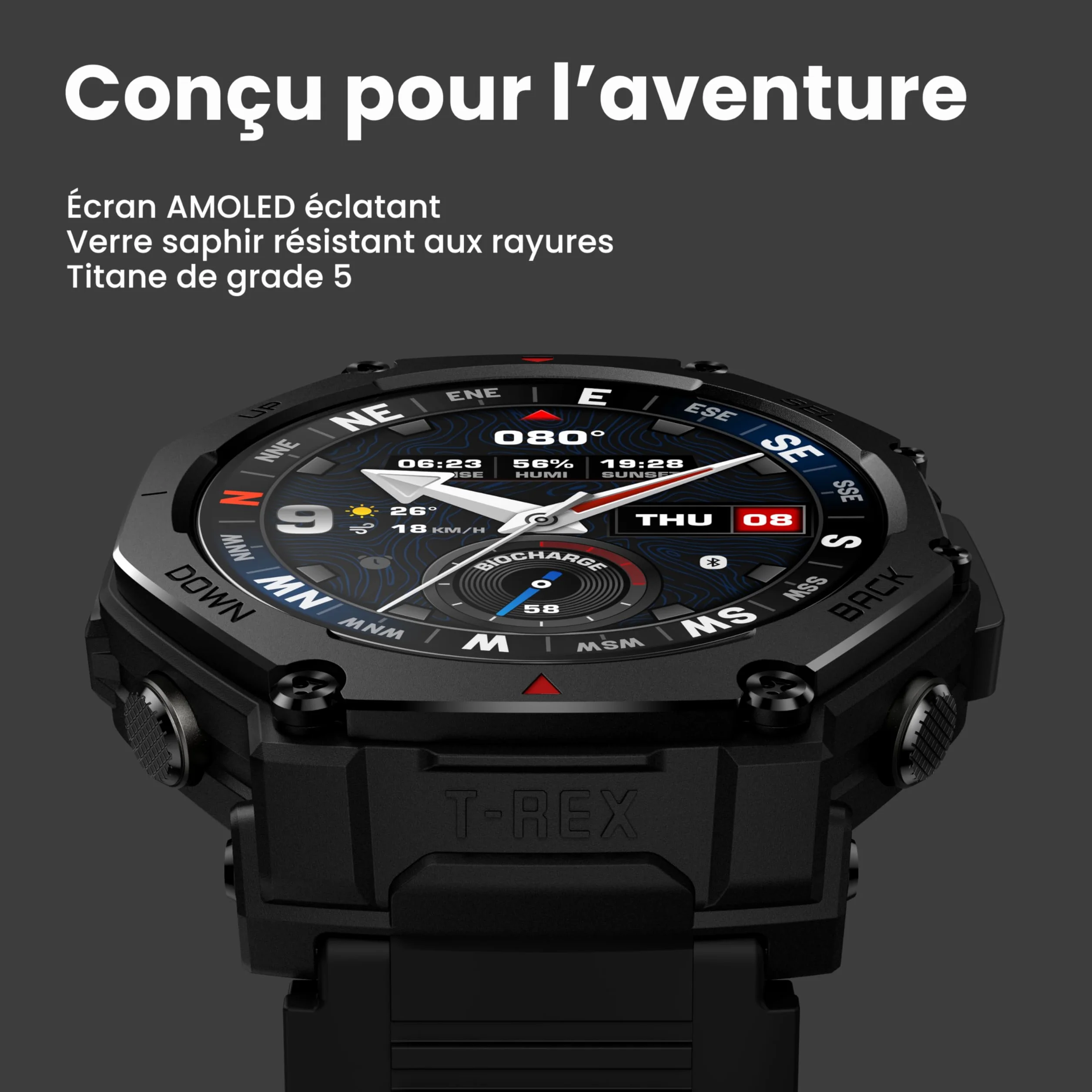 Amazfit T-Rex 3 Pro Montre Connectée Outdoor 48 mm, Écran AMOLED en Saphir, Lunette en Titane, GPS Double Bande, Cartes Hors Ligne, Lampe Intégrée, Autonomie 25 Jours, Smartwatch pour Android iPhone