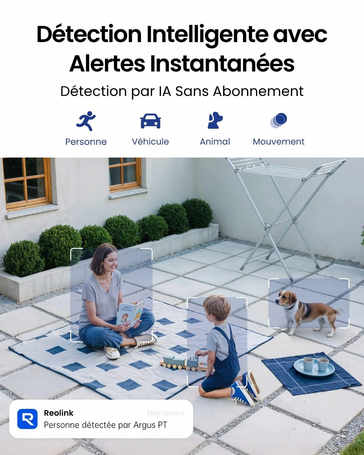 Reolink 5MP Camera Solaire Exterieur WiFi sans Fil, 2,4/5Ghz WiFi, 360° Camera Exterieur Batteries, Détection Personne/Véhicule/Animal, Audio Bidirectionnel, Siren, Argus PT+Panneau Solaire