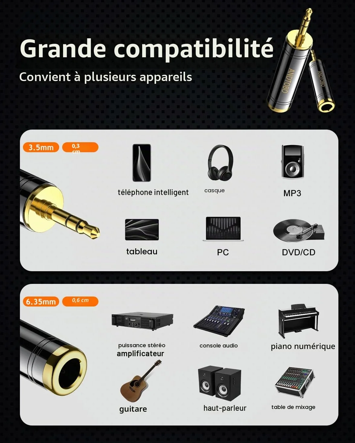 ANDTOBO Adaptateur Casque stéréo 1/4" vers 3,5 mm Jack Femelle 6,35 mm Noir