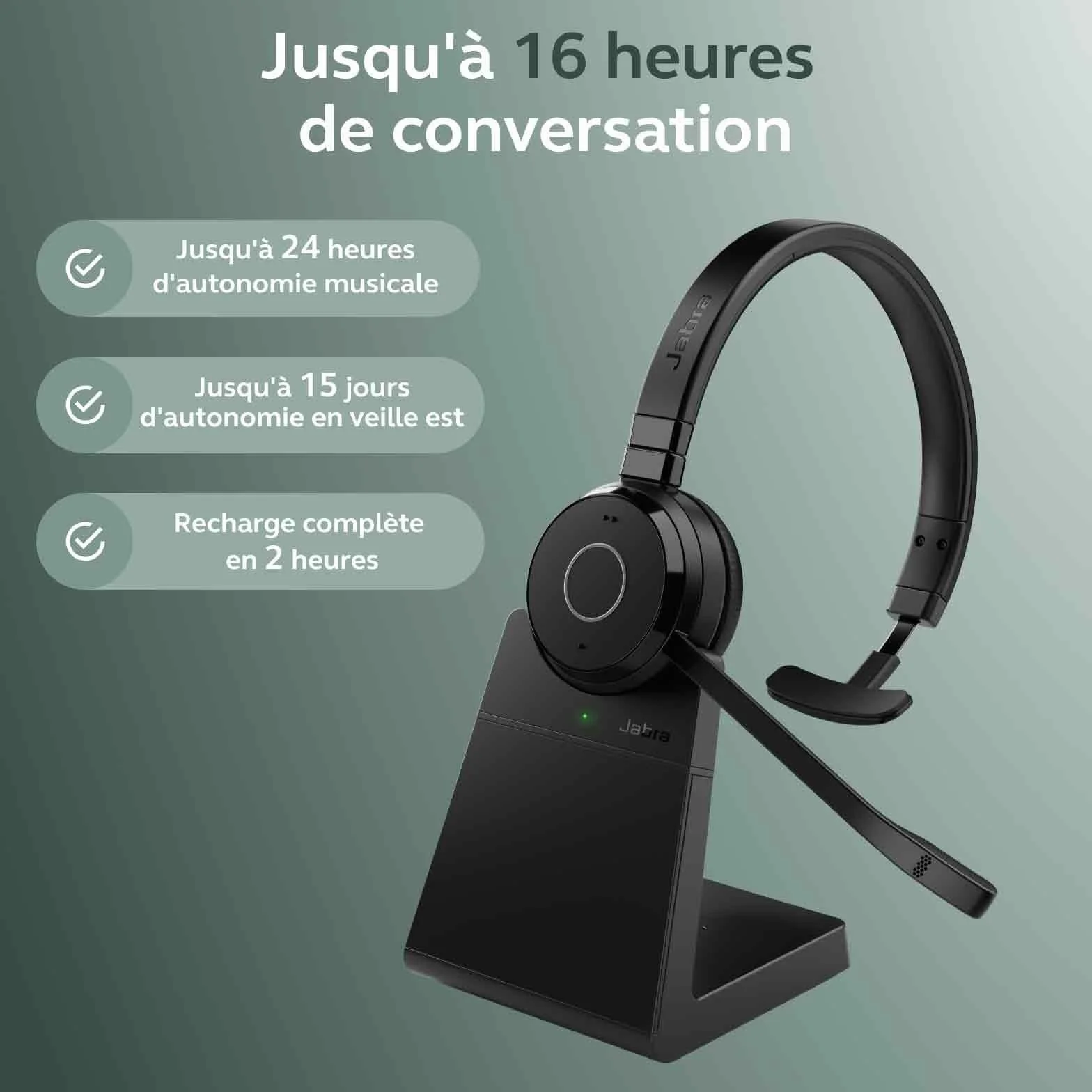 Jabra Evolve 65 Te (3e Éd. 2025) Micro-Casque Mono Bluetooth, connecte 2 appareils, 16 h d’autonomie, Micro antibruit, Adaptateur USB-A, Compatible avec Les applis de réunion, Base de Charge, Noir