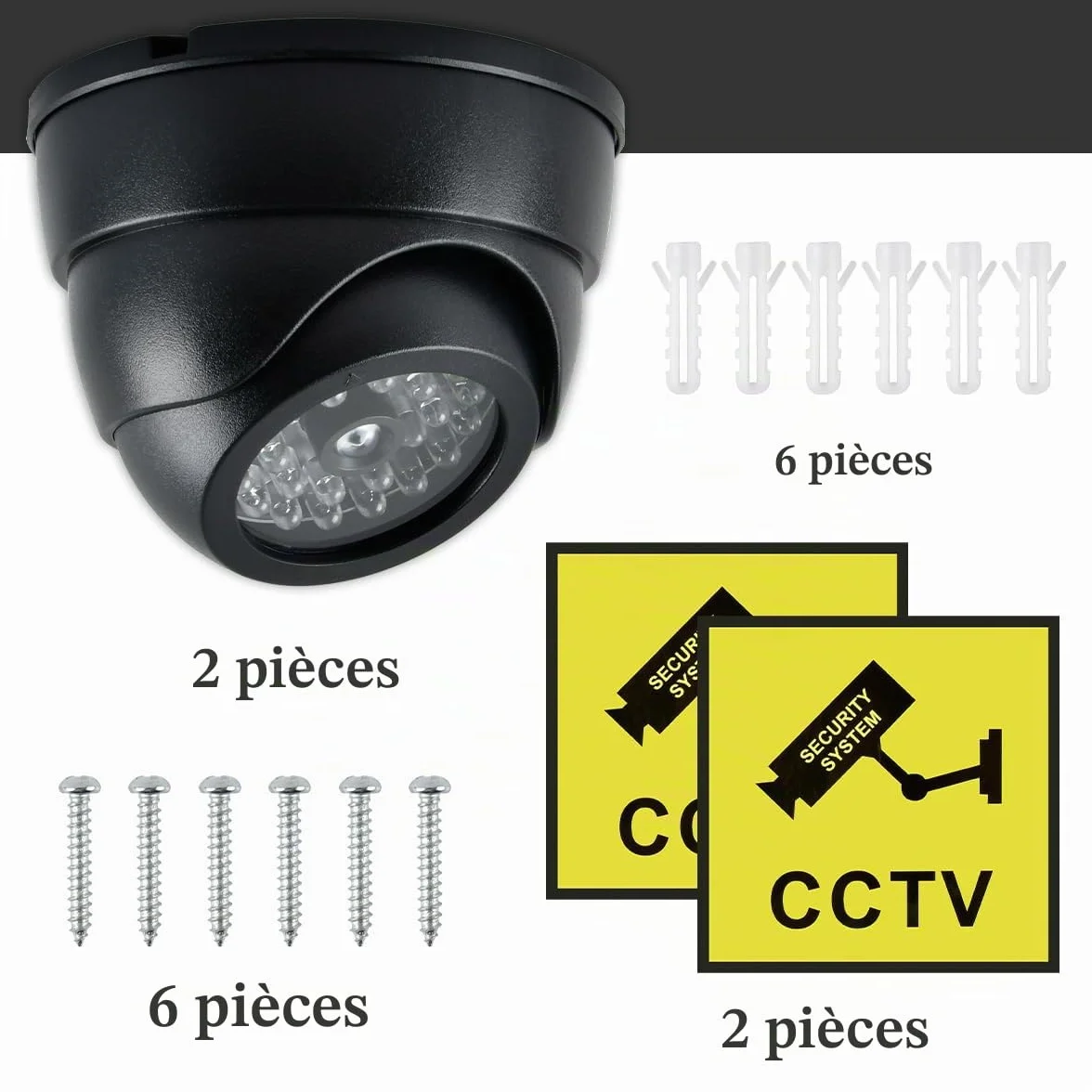 2pcs Caméras Factices de Surveillance CCTV, Fausse Caméra de Sécurité Factice avec Lumière Led Clignotante, Caméra Surveillance Factice Étanche pour Extérieur Intérieur avec 2 Panneaux de CCTV + Vis