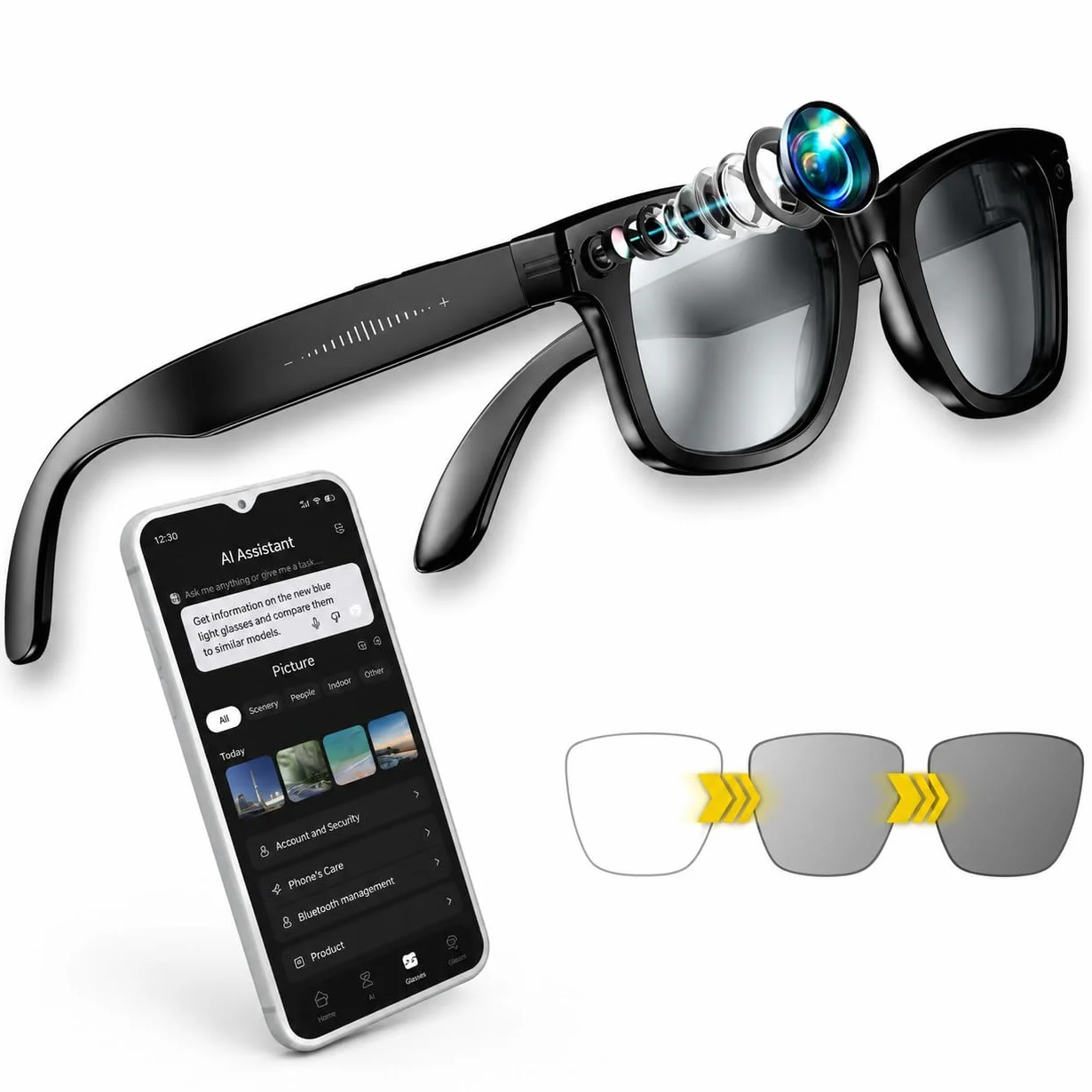 Lens AI Lunettes intelligentes avec appareil photo 32 Mpx, 32 Go, WiFi et Bluetooth, traduction en temps réel, contrôle vocal et tactile, IP65 (verre photochromique)