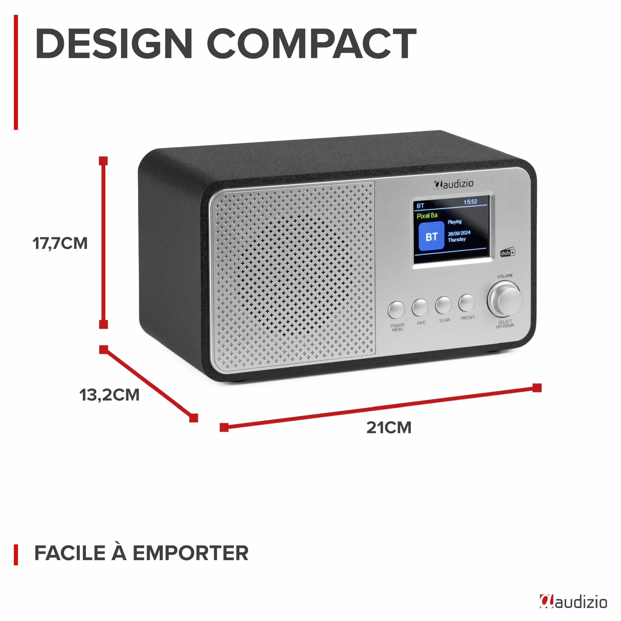 Audizio Avio Radio Dab+ Bluetooth 5.0 - Aluminium, 20 Stations Enregistrables, Écran Couleur 2,4", Haut-Parleur Intégré, Port USB, Idéale pour Écouter la Radio à la Maison