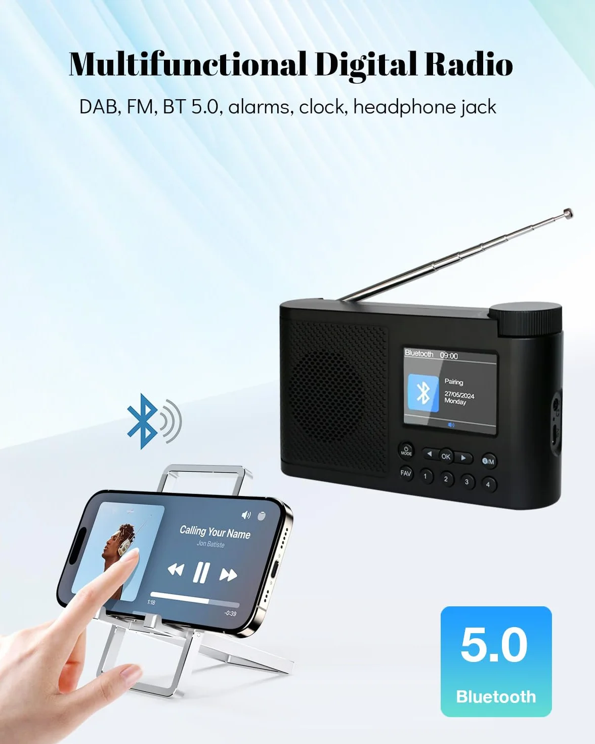 Radio Dab Portable, Radios Dab Plus Numériques avec Bluetooth, Radio FM Rechargeable par USB, Radio Petite Alimentée par Batterie, Horloge Doubles Alarmes, Minuterie de Veille, 40 Stations Préréglées