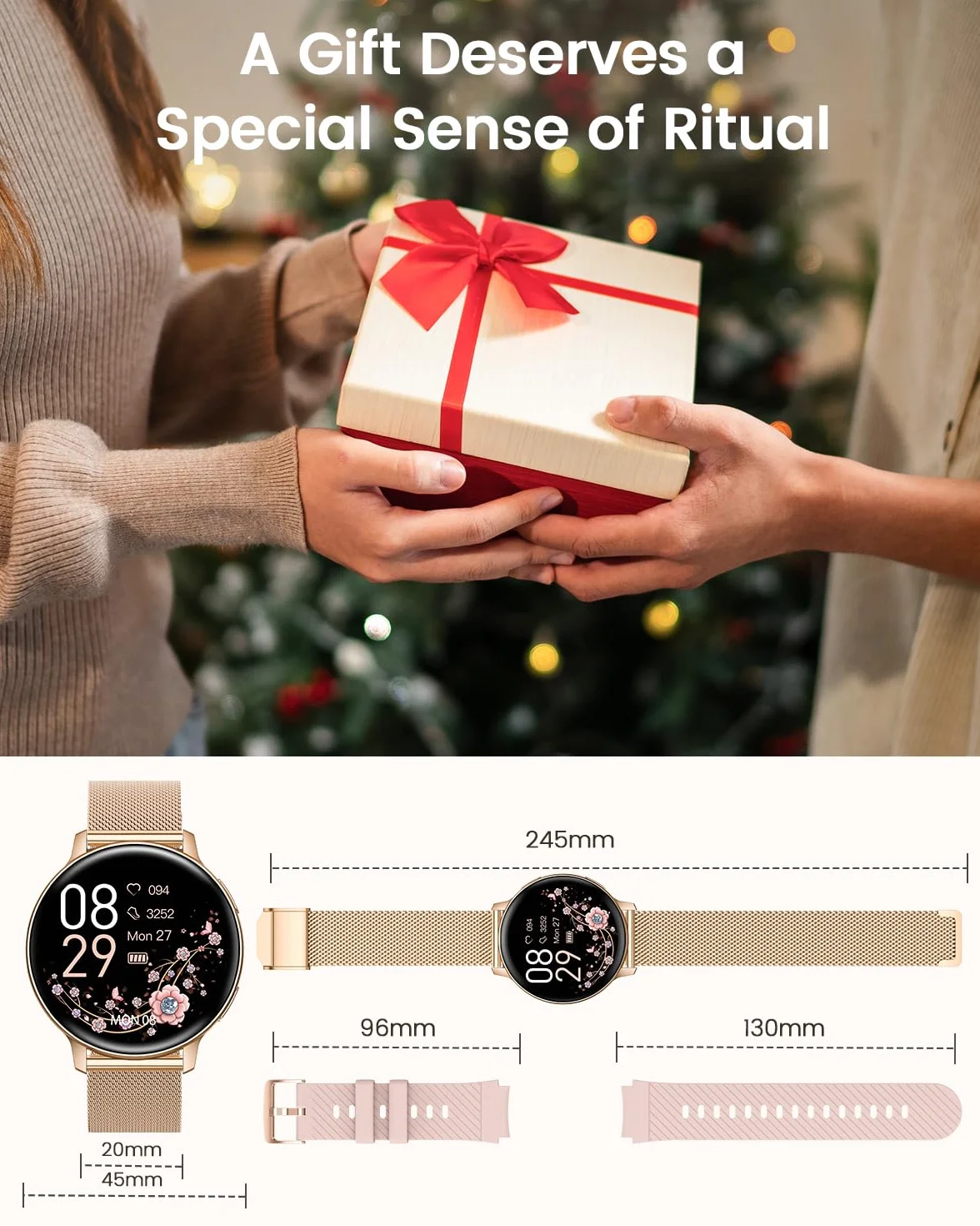 Montre Connectée Femme, 1.39" Smartwatch avec Appel Bluetooth, 24H Sommeil/Fréquence Cardiaque/SpO2 Fonction Féminine, 120+ Sportifs/IP68 Étanche Fitness Podomètre Compatible pour Android iOS, Or Rose