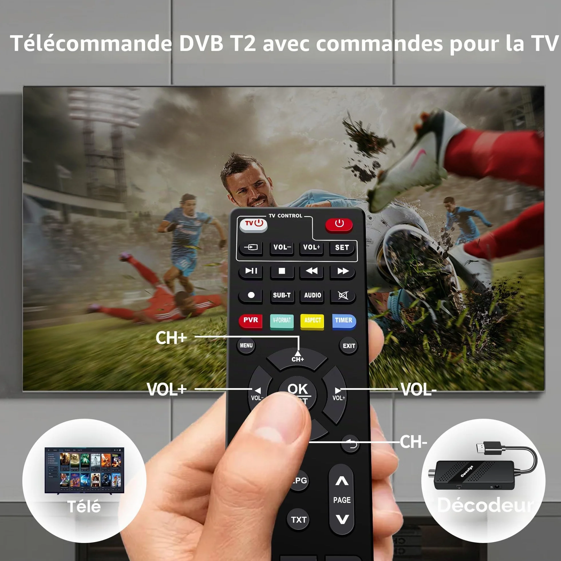 Décodeur TNT Full HD DVB-T2 OWERSLYN HEVC H265 1080P HDMI PVR Télécommande Infrarouge