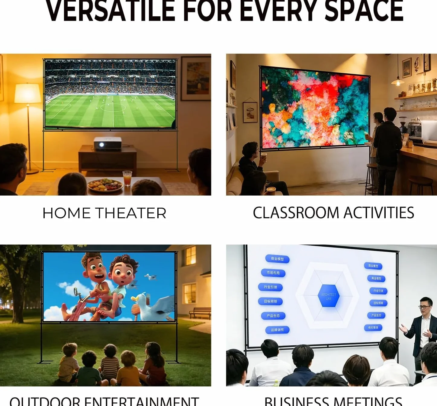 Écran de Projection 120" 4K HD 16:9 Anti-Pli avec Support Renforcé pour Home Cinéma Intérieur Extérieur
