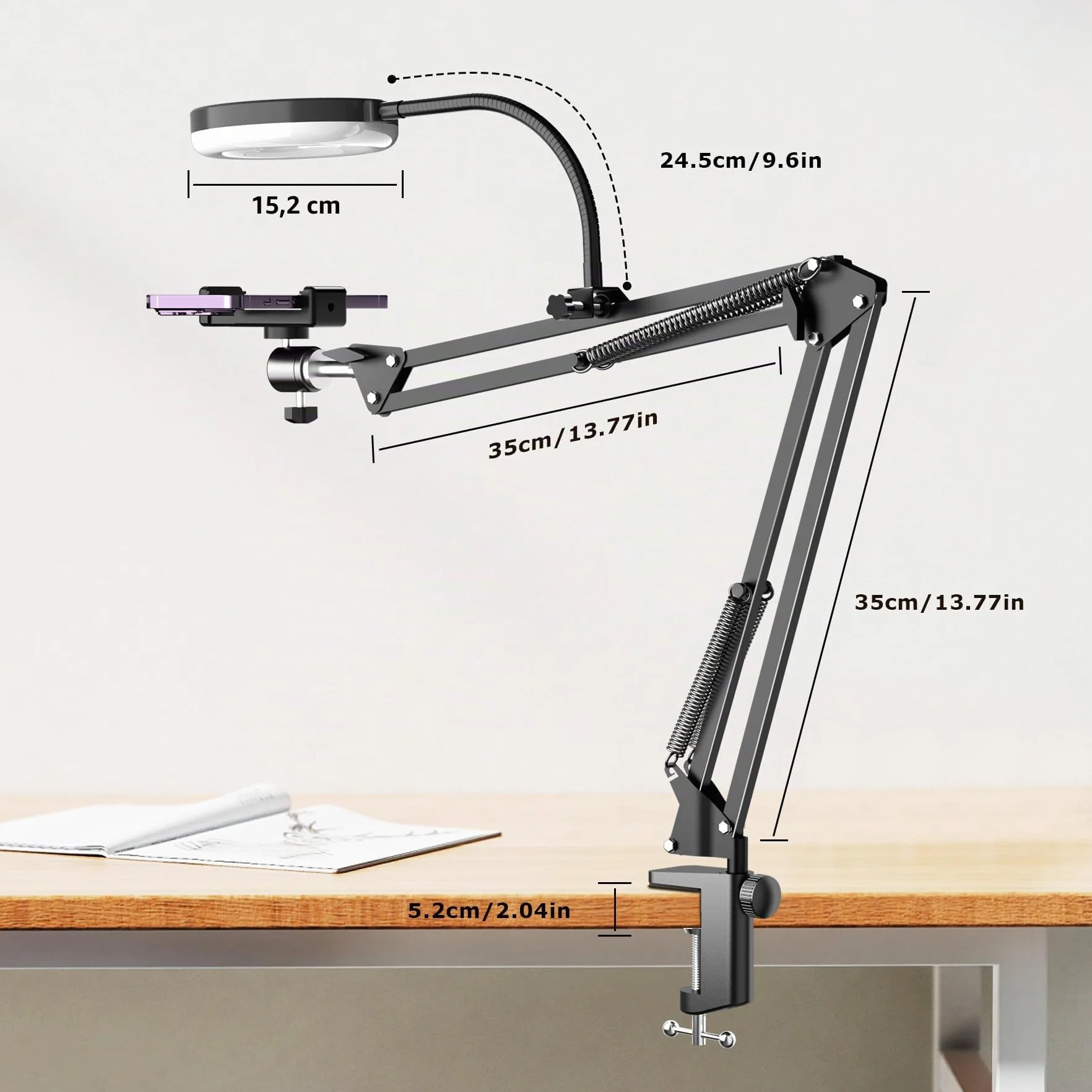 Support de caméra aérien avec Anneau Lumineux, Support de Bras de téléphone articulé Flexible Compatible avec iPhone, Webcam Logitech, trépied de Bureau pour Youtube Live Stream Video Recording