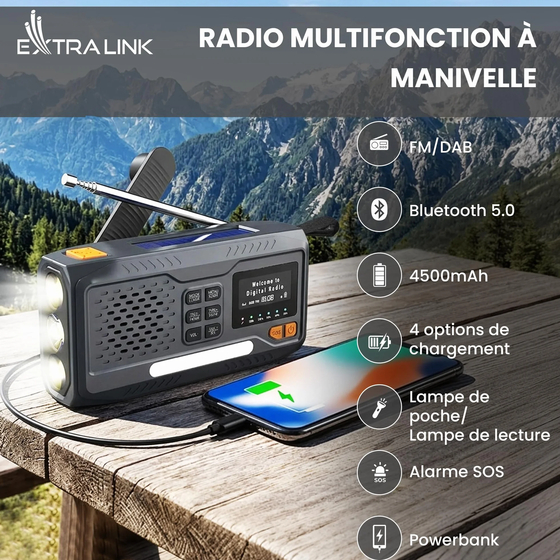 Radio Solaire Extralink 4500 mAh FM DAB Bluetooth LED SOS Camping
