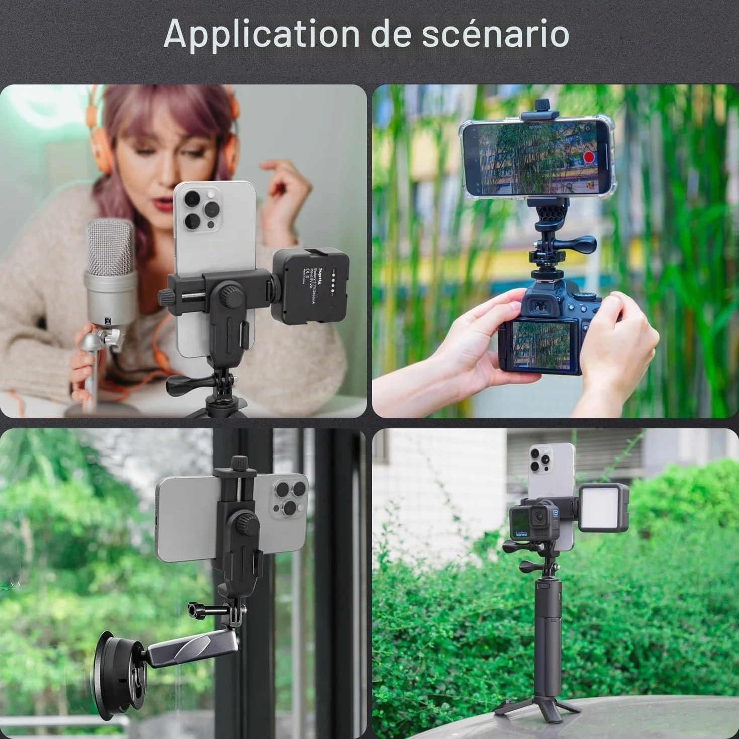 Suptig Support Téléphone pour Trépied, Adaptateur de Montage de Trépied pour Caméra d'Action Compatible pour iPhone, GoPro, DJI Action, Insta 360, Akaso, Microphone, Accessoires de Photographie avec
