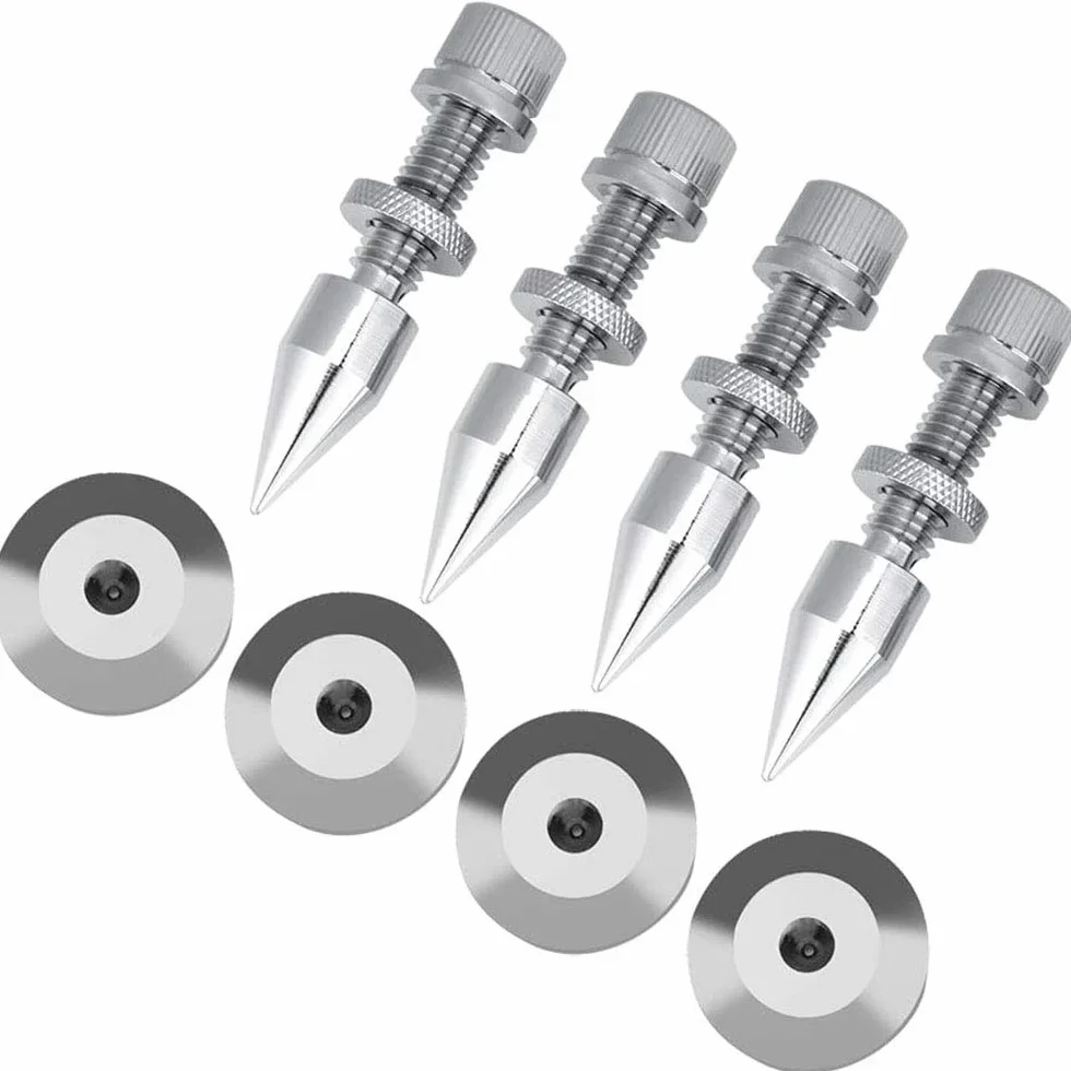 Lot de 4 pieds isolants pour haut-parleur HiFi - En cuivre - pointes pour isolation Haut-parleur pied anti-choc pour haut-parleur Pieds - Aspect brillant - Anti-rayures - Anti-chocs - Argenté