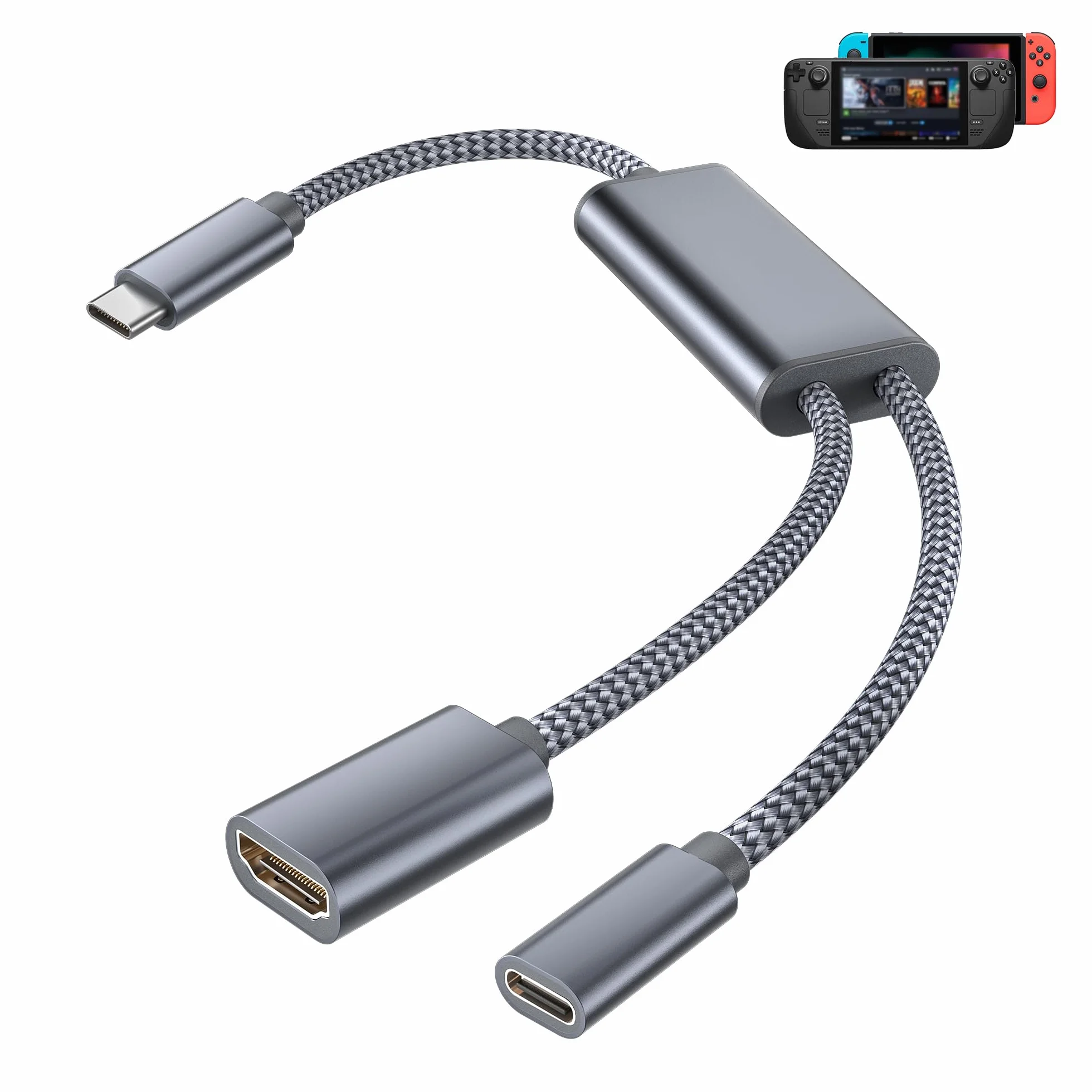 Basesailor Adaptateur USB C vers HDMI,2-en-1 Type C vers HDMI 4K@30Hz avec charge PD 100W femelle pour iPhone 17/16/15 Pro Max Plus,MacBook,iPad Air/Mini,Samsung S25/S24/S23,Steam Deck,Nintendo Switch