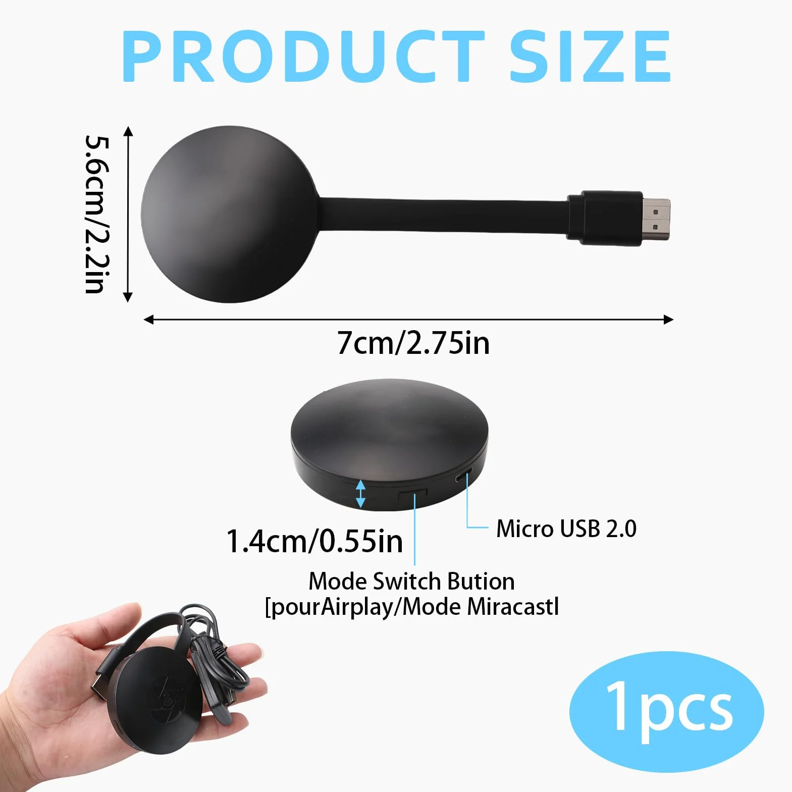 Adaptateur Dongle HDMI sans Fil 1080P pour TV, Dongle WiFi Affichage Écran Compatible Miracast, Airplay, DLNA, Streaming iOS Android Windows Mac, 2.4GHz Portable