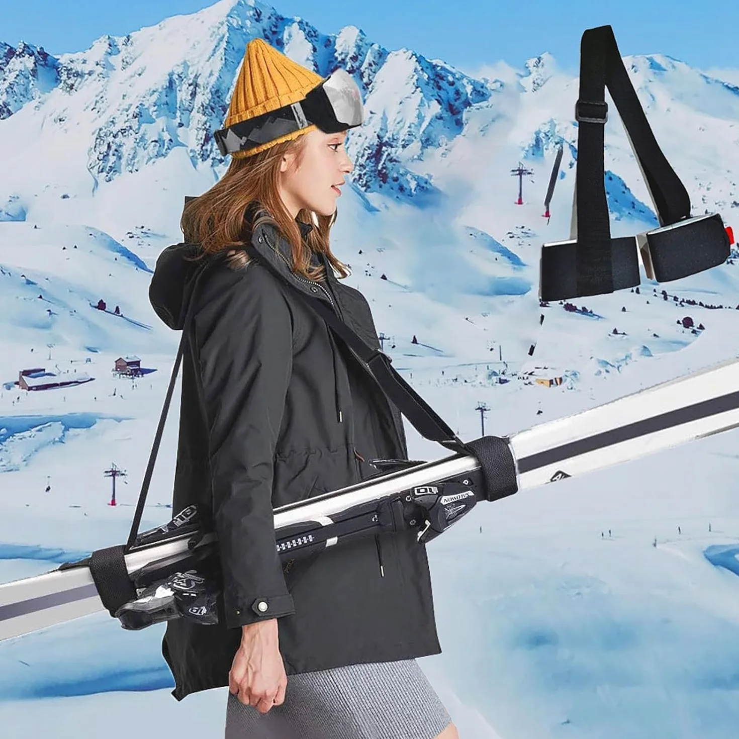 Skimate Lot de 4 sangles de transport ski et bâton, bandoulière réglable