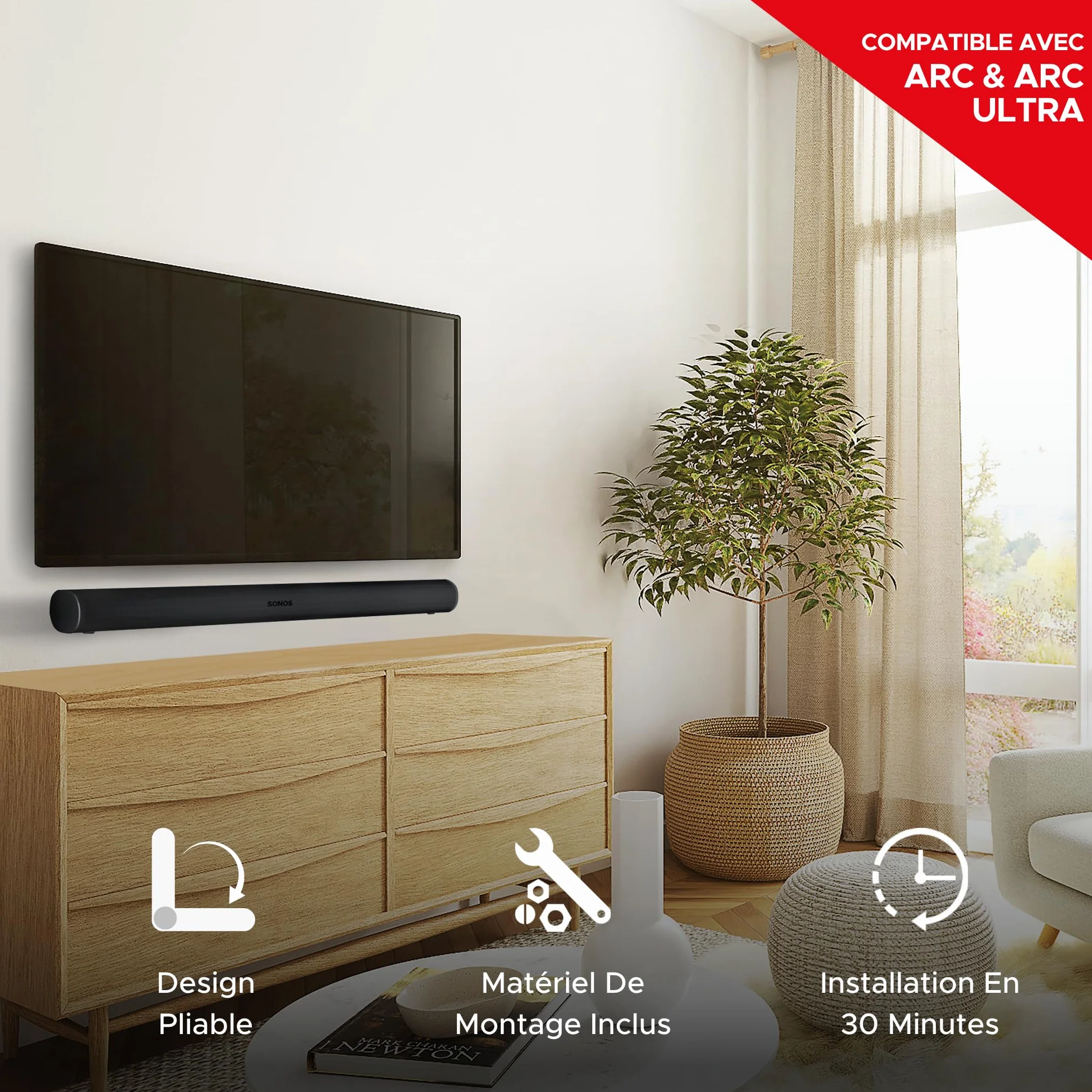Sound bass Arc Wall Mount Bracket, Noir, Compatible avec Sonos Arc et Arc Ultra, Profondeur Réglable, Tout Le Matériel Inclus, Conçu au Royaume-Uni.