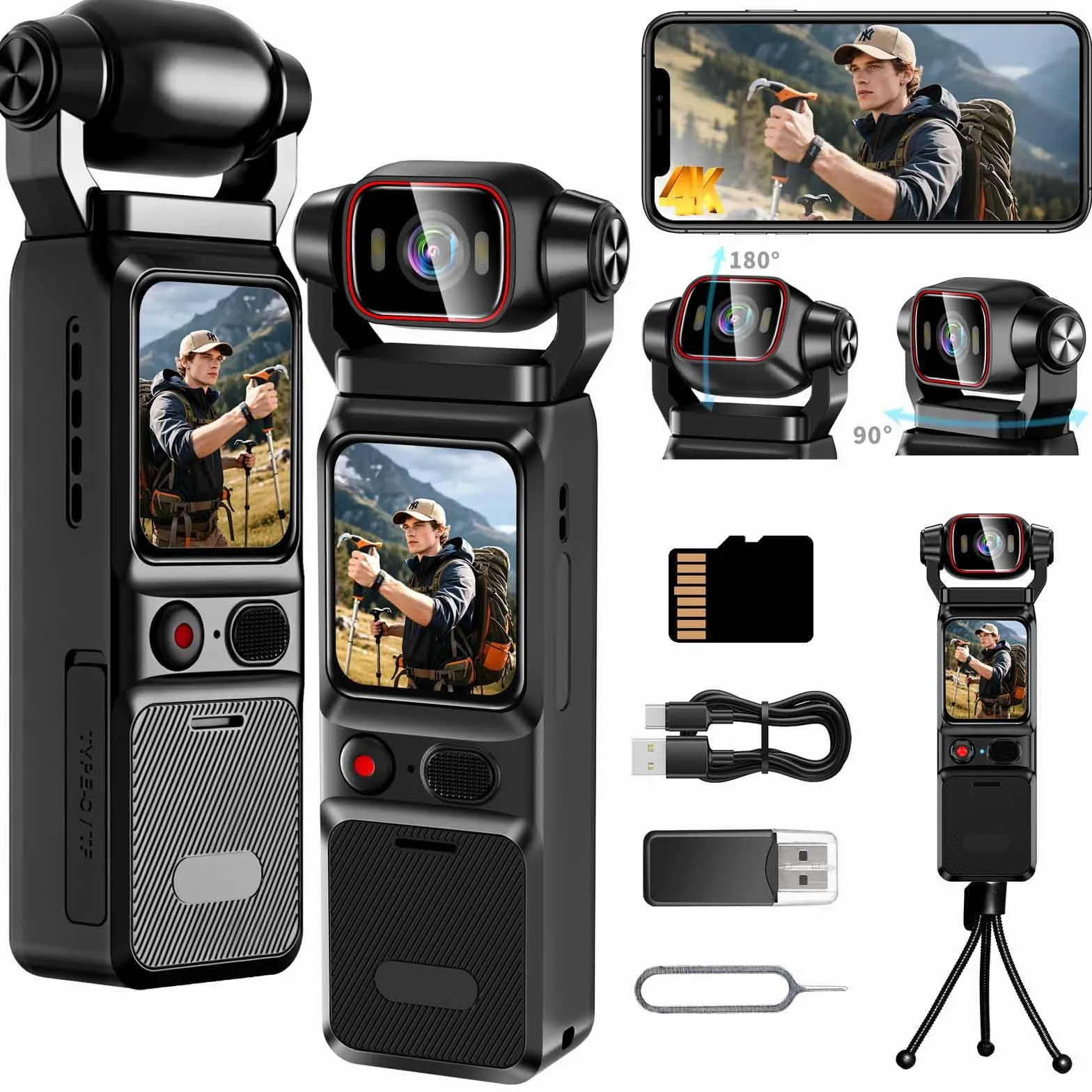 Caméra d'action WiFi 4K, Caméra Vidéo Sportive 160°, Caméra Portable de Poche avec Objectif Rotatif à 180° et Écran Tactile de 1,69 Pouces, Caméra Vidéo Numérique pour Vlog de Voyage