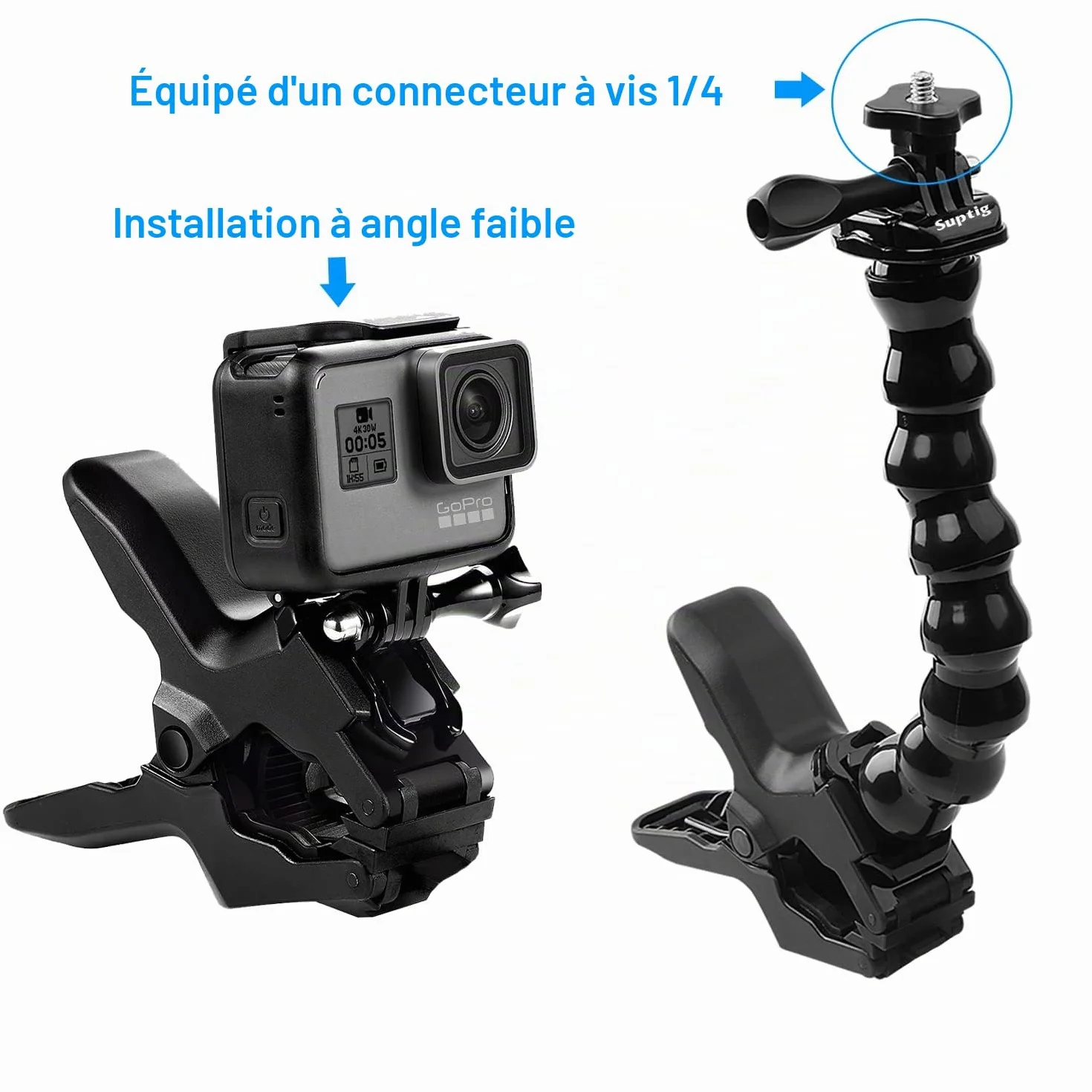 Suptig Mâchoires Flexibles - Support col de Cygne pour caméras d'action GoPro Hero 13/Hero 12/Hero 11/Hero 10/9/8/7/6/5/4 Session Hero 3+ Hero 3, DJI osmo, Akaso, Insta 360, Arlo Pro Arlo Go