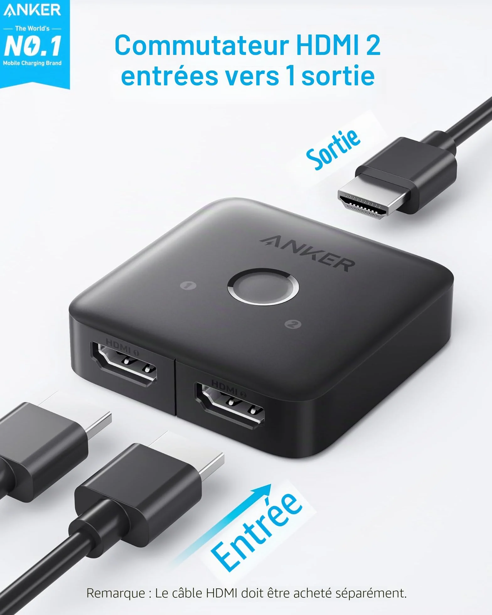 Anker Switch HDMI 4K à 60 Hz Commutateur bidirectionnel, Sortie 2 en 1 avec Finition Lisse, Prend en Charge HDR, 3D, Dolby, Compatible avec Laptops, PC, Xbox Series, PS5 / PS4, projecteur, etc.