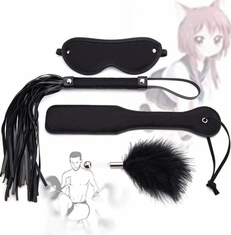 Cravache de Cheval d'équitation en Cuir 4pcs avec Bandeau de Yeux en Satin