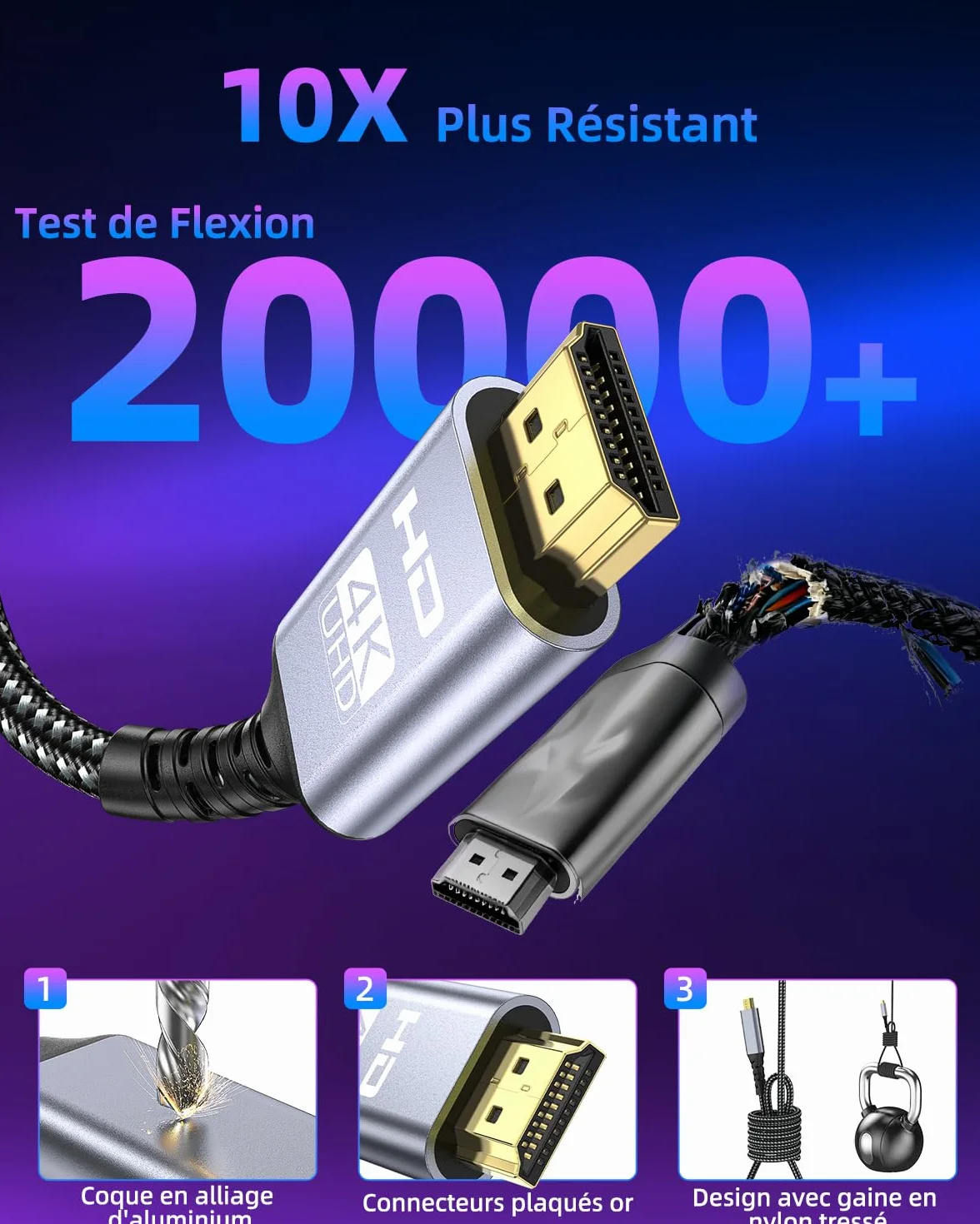 Câble Micro HDMI vers HDMI 1m, 4K@60Hz Câble Micro HDMI 2.0 avec Ethernet, 3D, HDR, ARC Compatible avec Raspberry Pi 5/4, GoPro Hero 8/7/6/5, Sony, Moniteur, Ordinateurs Portables