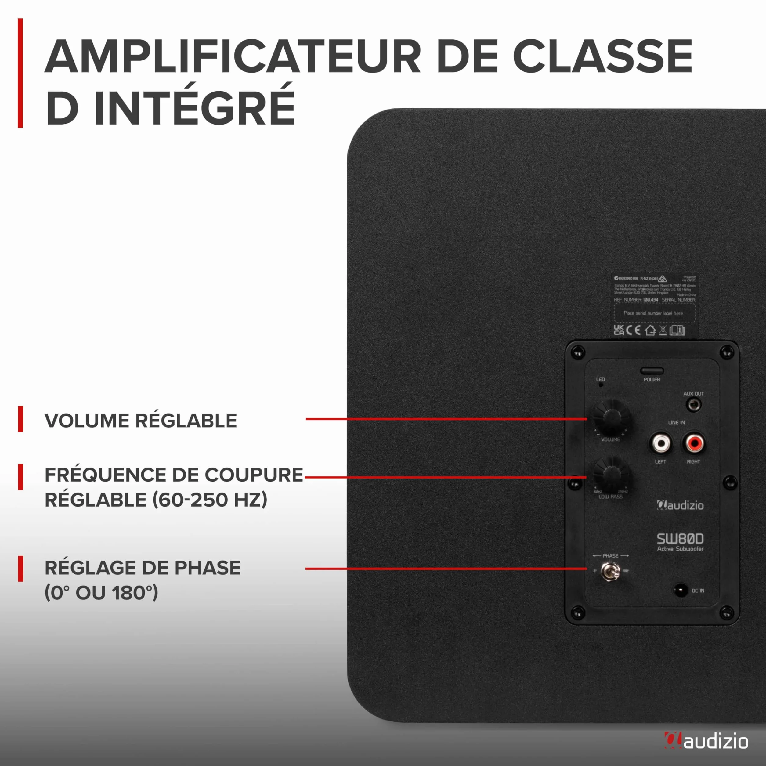 Audizio SW80D Caisson de Basses Actif Hi-Fi 160W Subwoofer 8" avec Réglage Crossover et Volume Indépendant