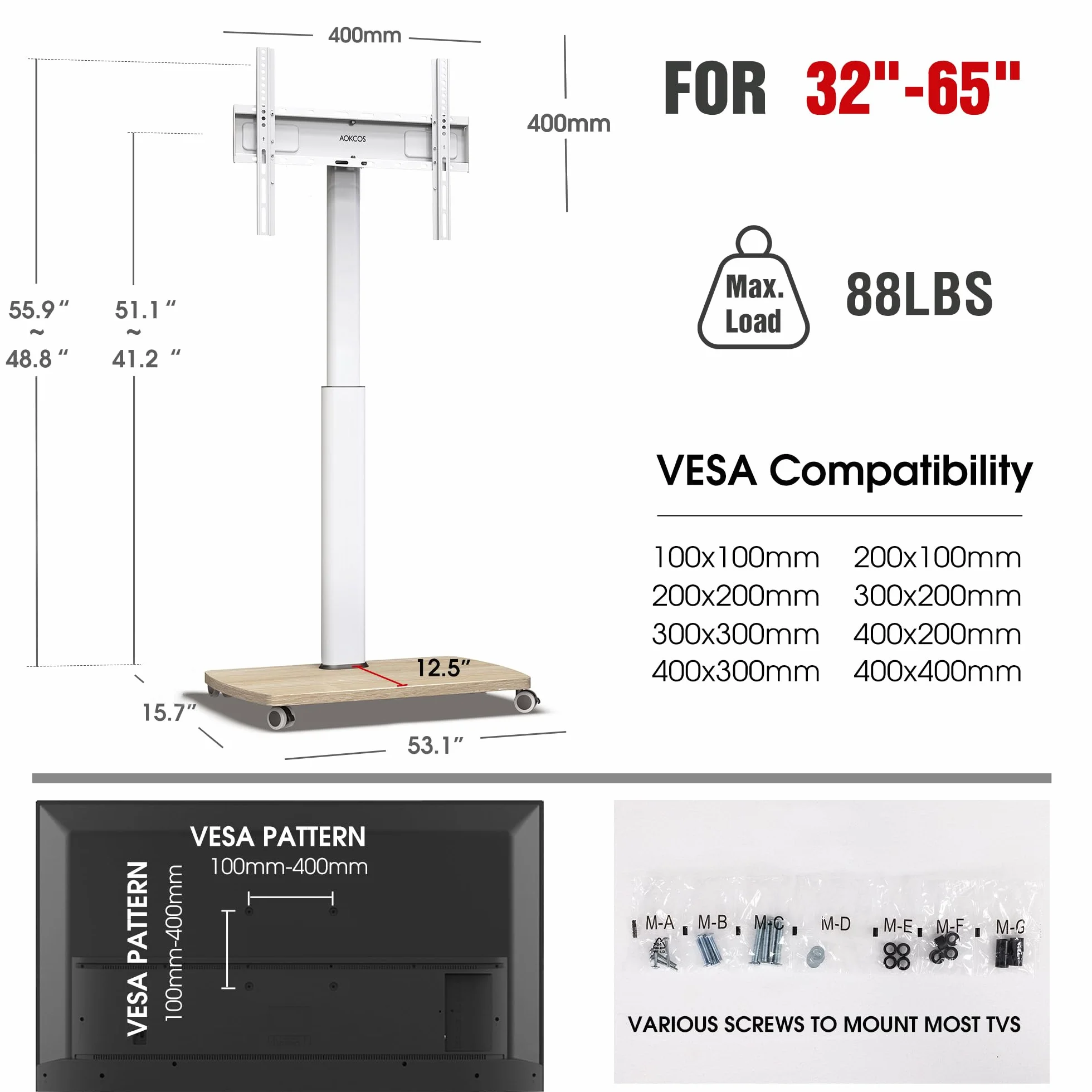 AOKCOS Support TV roulettes pour TV de 32-65 Pouces - Support TV sur Pied Plus Haut 1240 MM-1420 MM Pivotant 60° Inclinaison 12° jusqu'à 40 KG Max. VESA 400x400mm