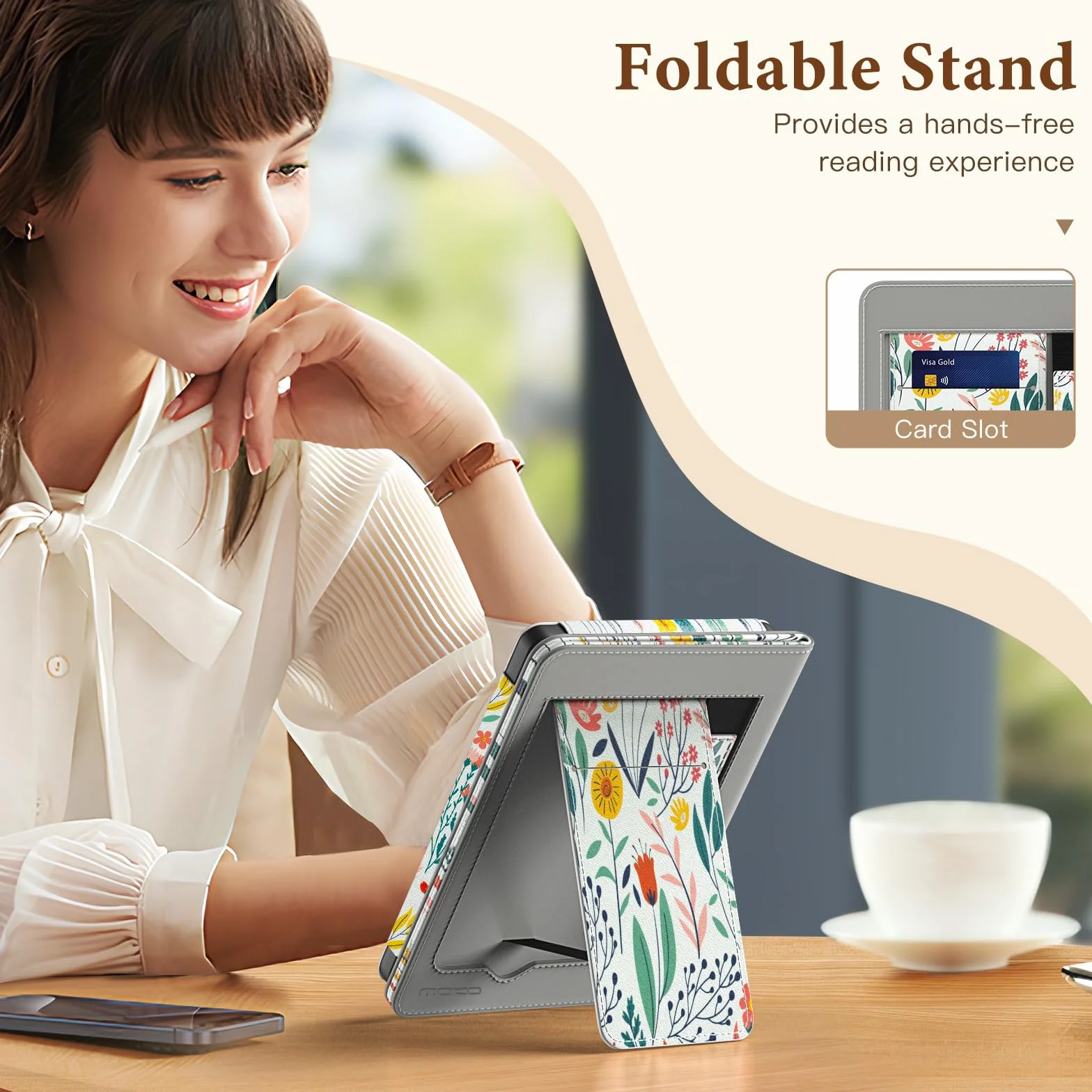 MoKo Étui pour Tolino Shine Color/Shine 5(2024)/4(2022) et Kobo Clara Colour/BW/2E 6", Coque Fine en PU avec Mise en Veille/Réveil Auto, Emplacement pour Carte, Dragonne et Support Pliable, Fleur
