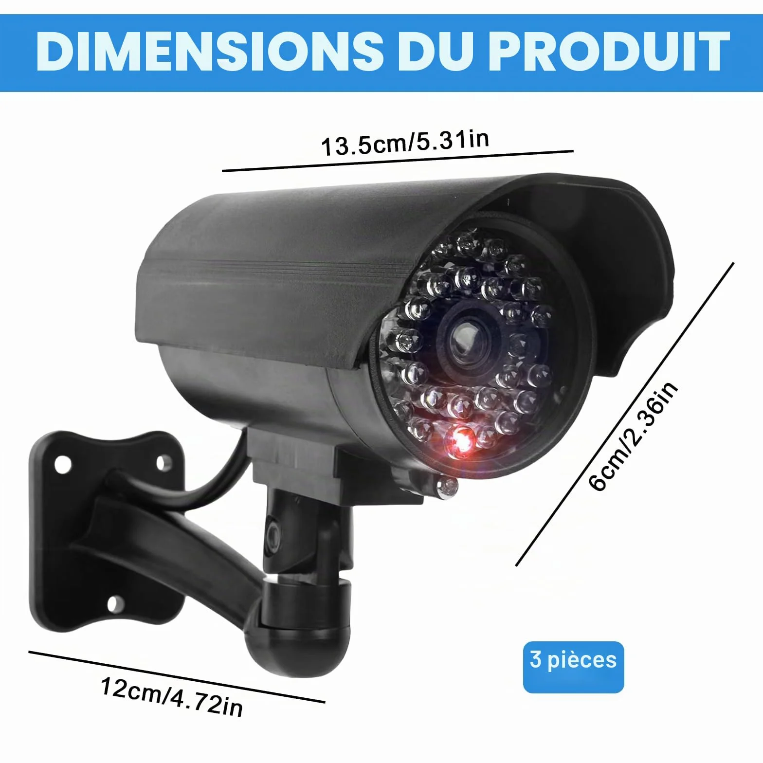 Sporgo Caméra Factice 3 Pièces: Caméra de Surveillance Factice Extérieure avec Lumière LED Rouge Clignotante, Caméra de Surveillance Factice Fausse Caméra de Sécurité pour Intérieur et Extérieur (Noir