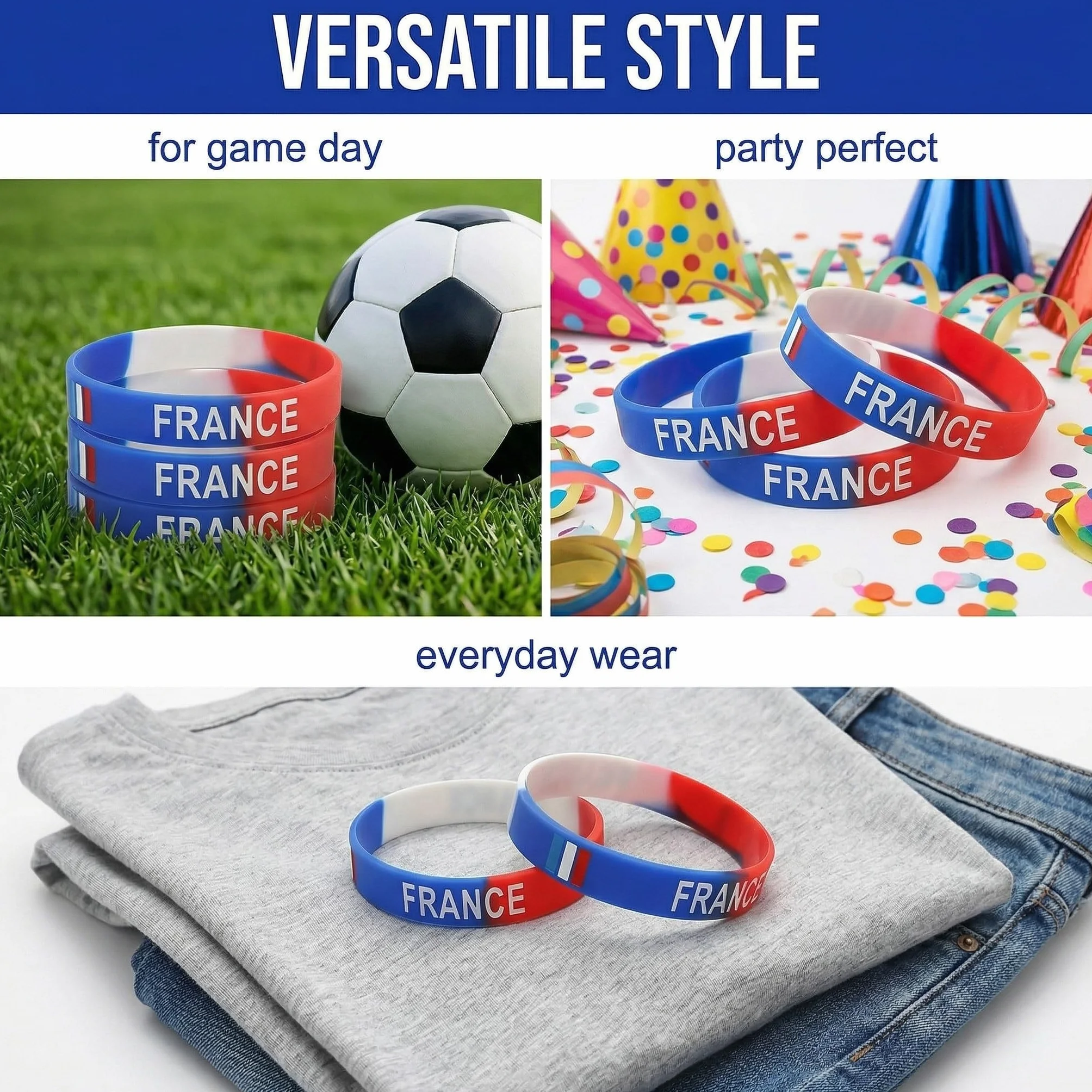 Lot de 3 Bracelets Silicone France - Accessoire Supporter Drapeau Français pour Football et Rugby - Kit Supporter Idéal