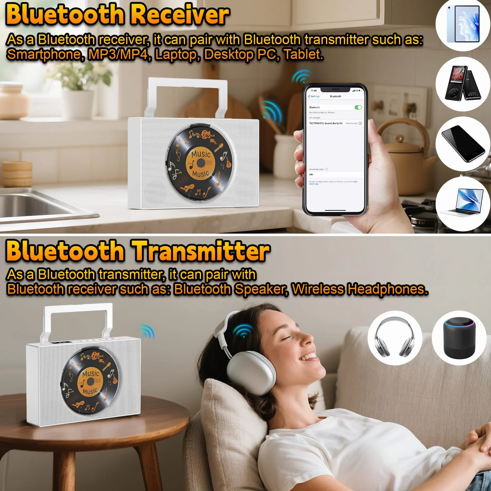 Lecteur CD Bluetooth Radio FM avec Poignée Haut-parleurs Télécommande AUX 3,5 mm Prise Casque USB Type-C Lecteur MP3