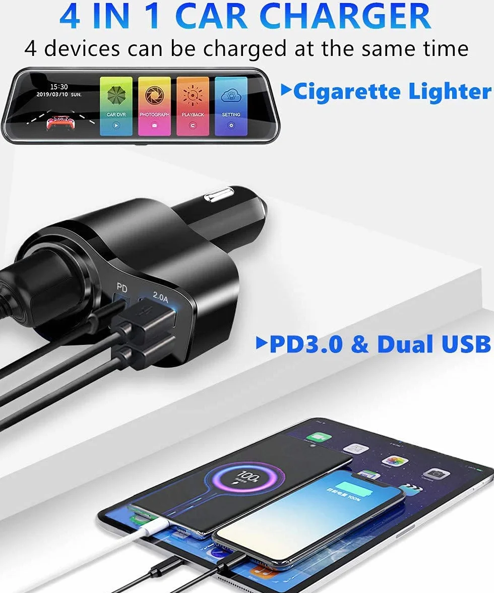 𝟒 𝐞𝐧 𝟏 Chargeur Allume Cigare USB,𝟒𝟖𝐖 PD3.0 Allume Cigare Rapide Chargeur Voiture USB C,Adaptateur Prise Allume Cigare USB pour iPhone 17/Air/16/15 Pro Max,iPad,Samsung Galaxy S25 S24, Huawei