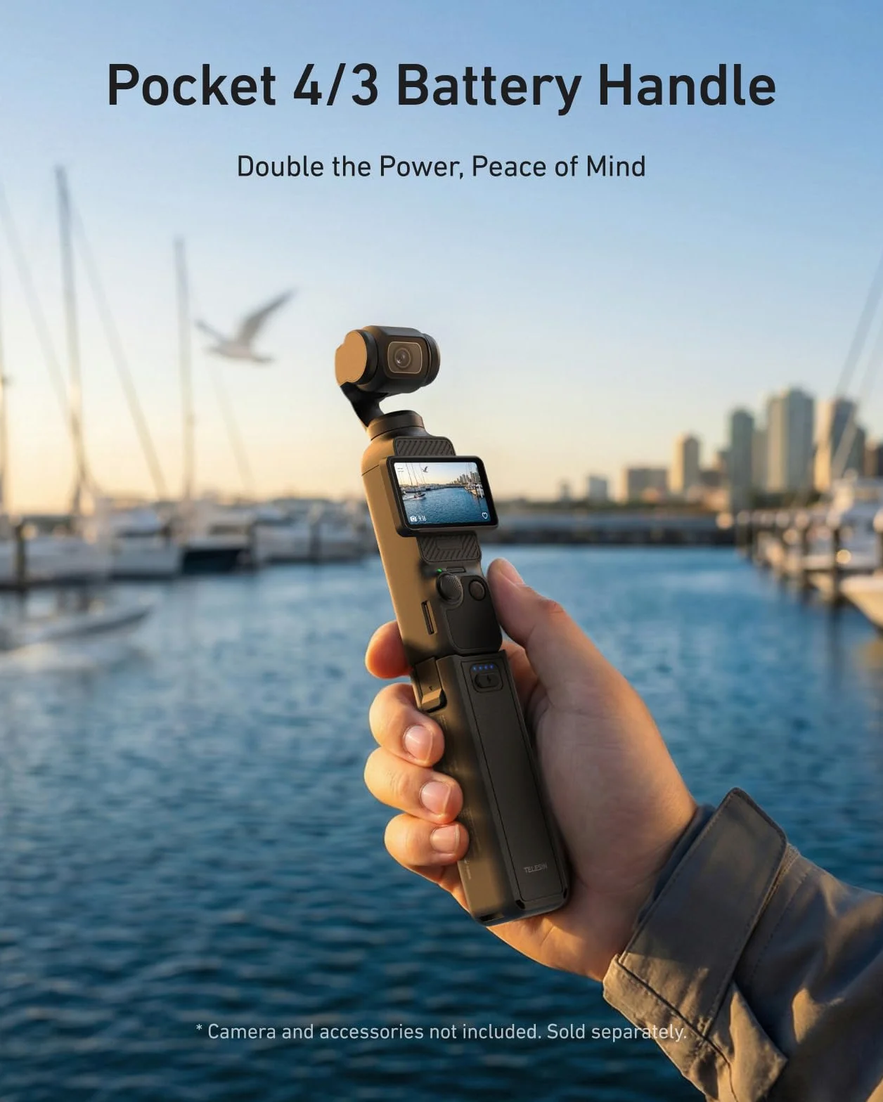 TELESIN Poignée Batterie pour DJI Osmo Pocket 4/3, Batterie 5000mAh Haute Capacité, Grip Powerbank 1.3X Autonomie Étendue, Support Trépied Vlogging, Accessoire Portable pour Voyage, Vlog