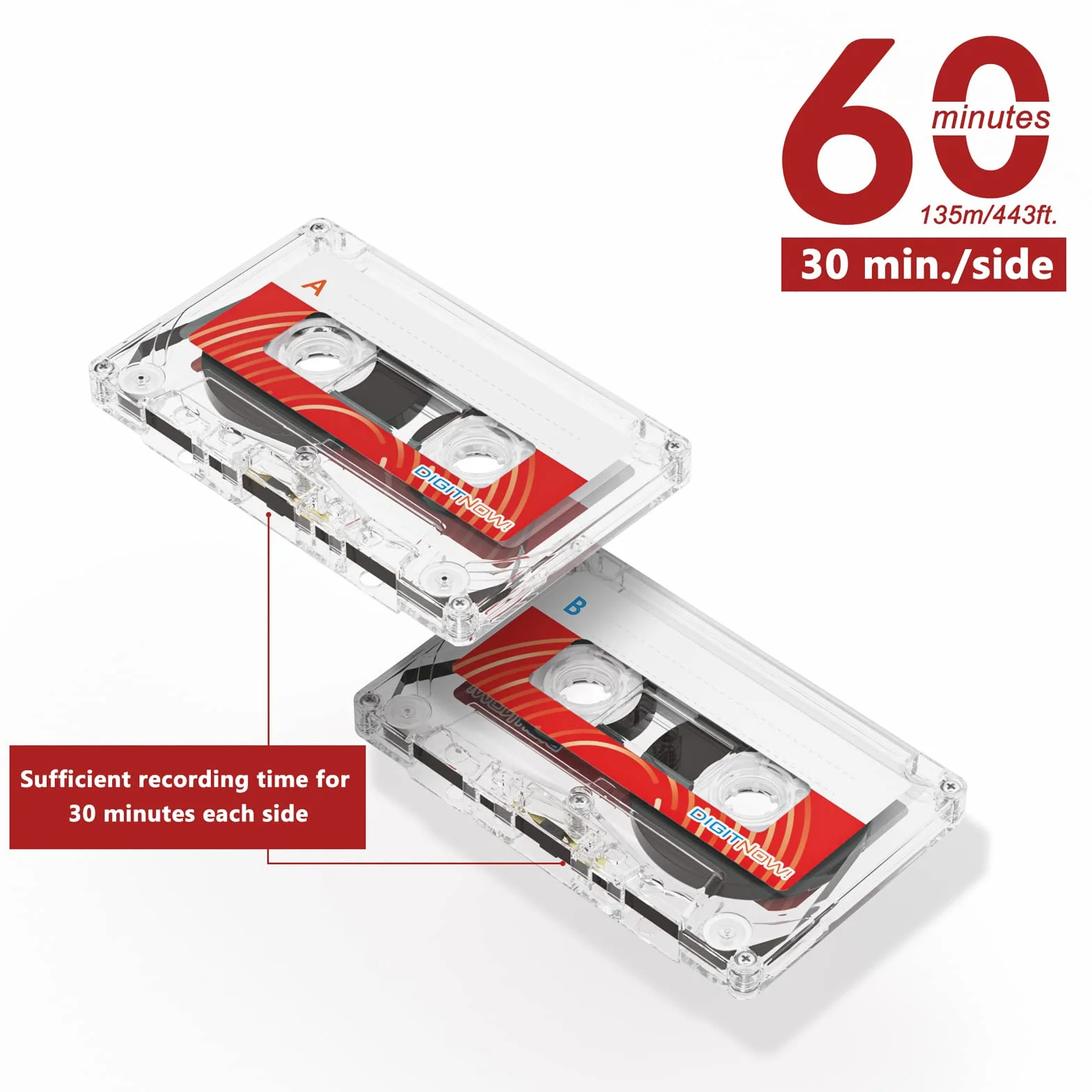 DIGITNOW! Cassettes Audio Vierges 60 Min Haute Performance (3Lot) Rouge M108